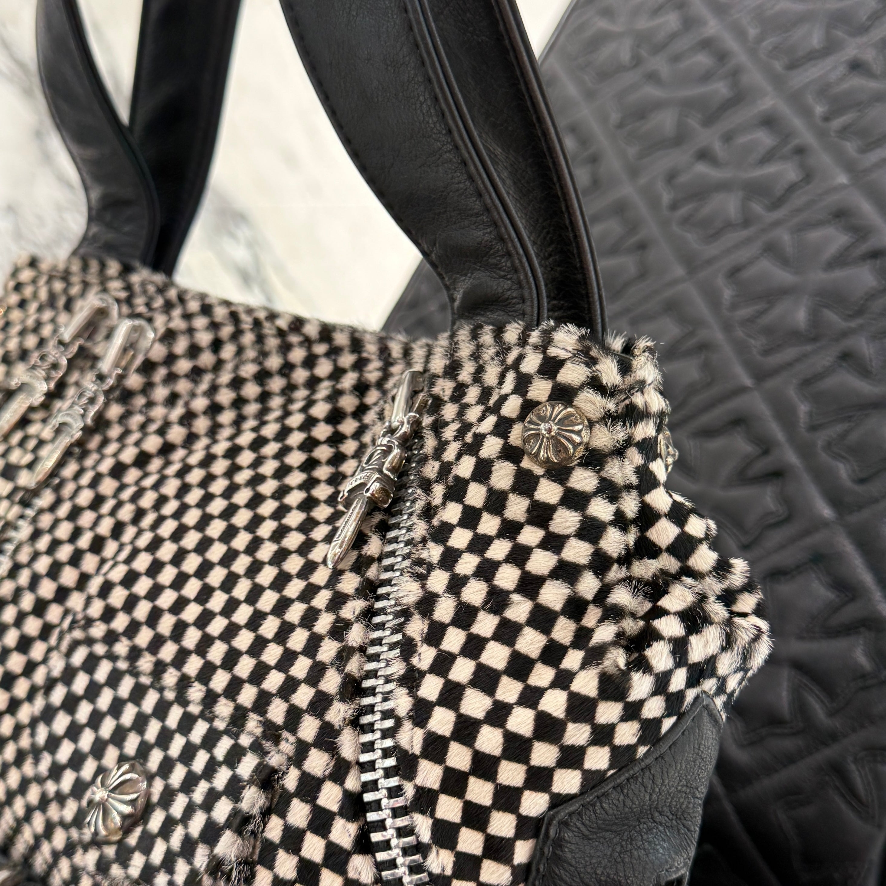 CHROME HEARTS JJ Dean Checkered Pattern Harako Leather Riders Hand Bag クロムハーツ JJ ディーン チェッカー柄 ハラコレザー ライダース ハンドバッグ