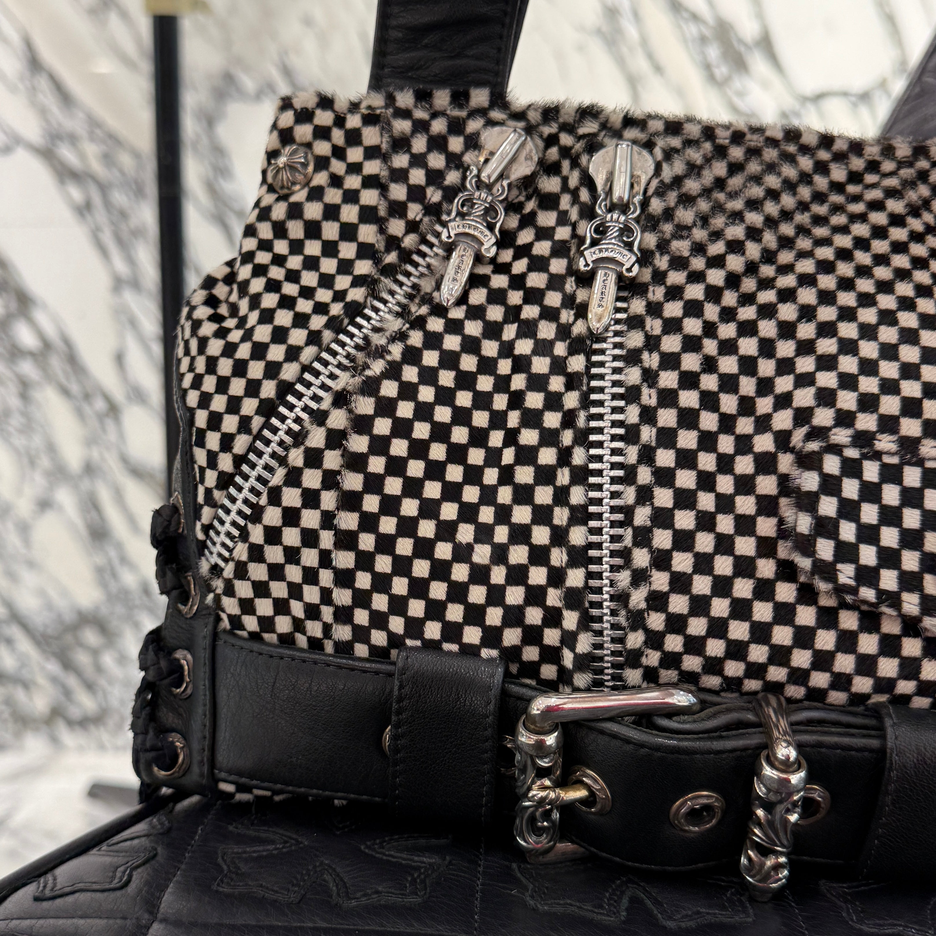 CHROME HEARTS JJ Dean Checkered Pattern Harako Leather Riders Hand Bag クロムハーツ JJ ディーン チェッカー柄 ハラコレザー ライダース ハンドバッグ