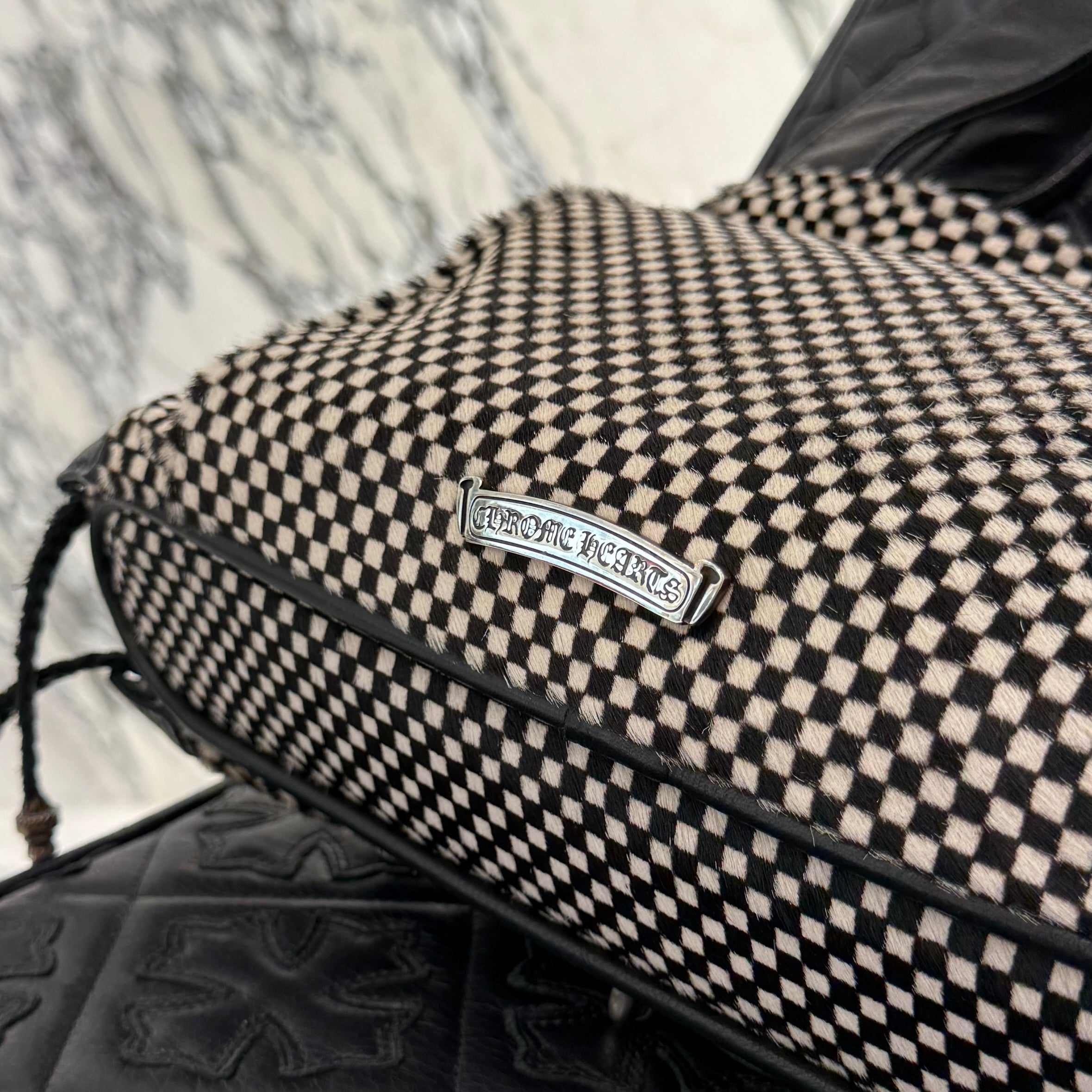 CHROME HEARTS JJ Dean Checkered Pattern Harako Leather Riders Hand Bag クロムハーツ JJ ディーン チェッカー柄 ハラコレザー ライダース ハンドバッグ