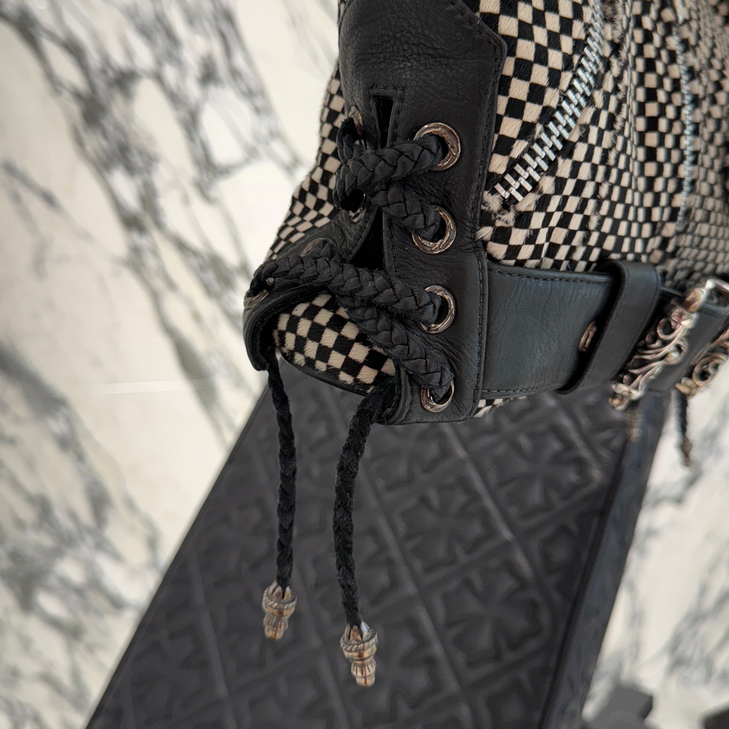 CHROME HEARTS JJ Dean Checkered Pattern Harako Leather Riders Hand Bag クロムハーツ JJ ディーン チェッカー柄 ハラコレザー ライダース ハンドバッグ