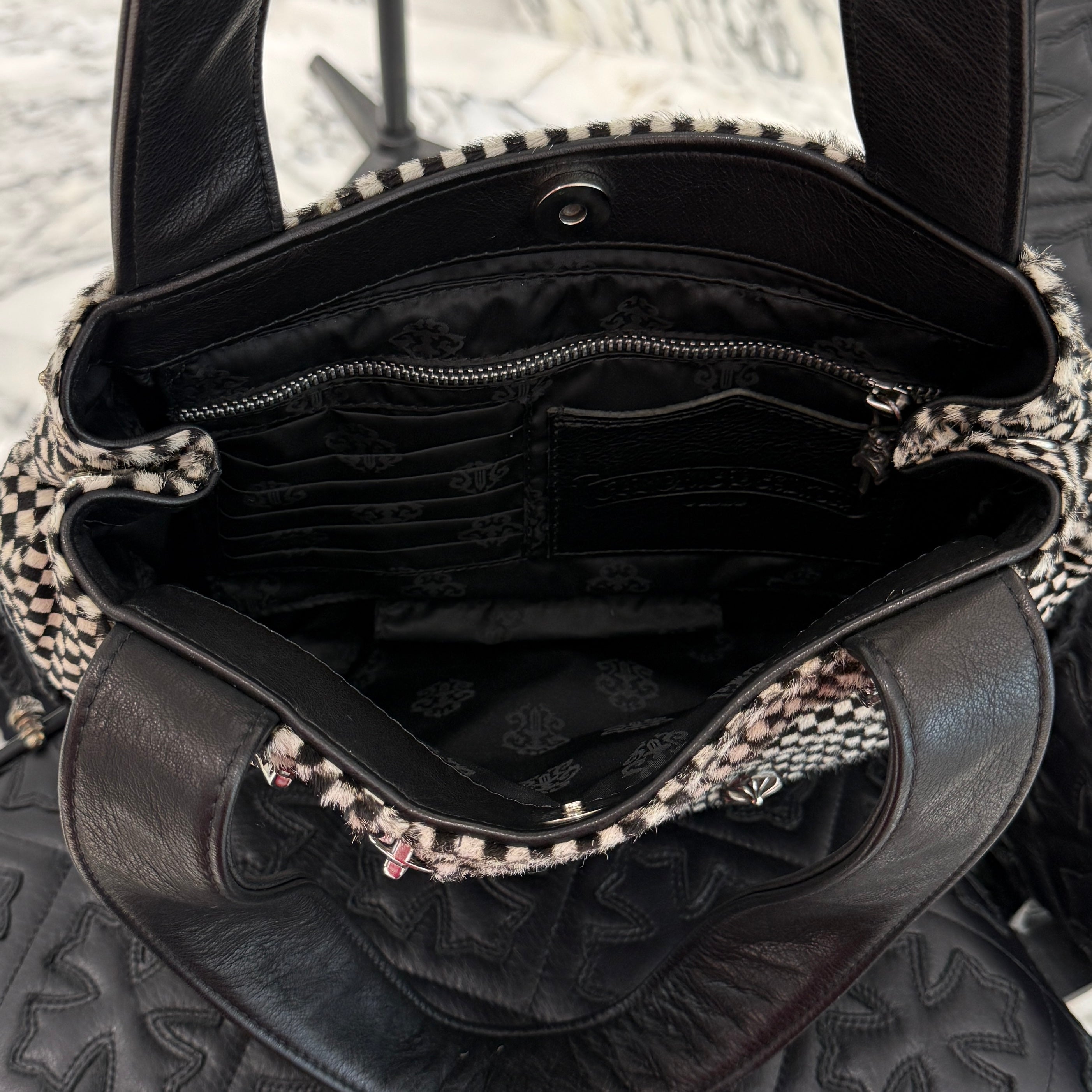 CHROME HEARTS JJ Dean Checkered Pattern Harako Leather Riders Hand Bag クロムハーツ JJ ディーン チェッカー柄 ハラコレザー ライダース ハンドバッグ