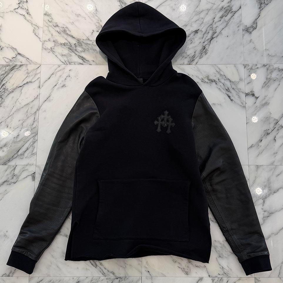 CHROME HEARTS Y NOT Leather Cross Patch Arm Leather Switching Pullover Hoodie Size L クロムハーツ ワイノット レザークロスパッチ アームレザー切替 プルオーバーフーディー サイズL
