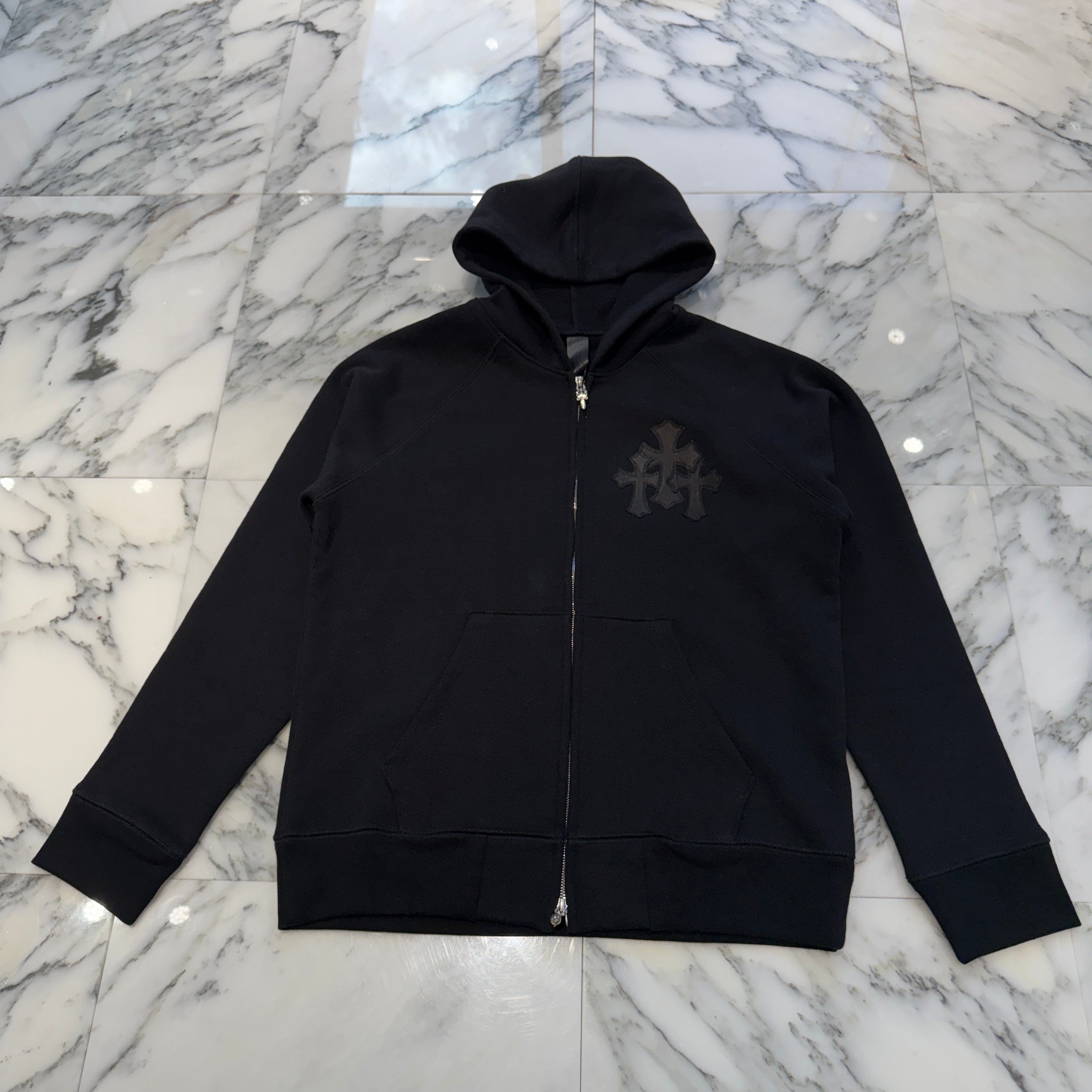 CHROME HEARTS Y NOT Cemetery Cross Leather Patch Zip Up Hoodie Size S クロムハーツ ワイノット セメタリークロスレザーパッチ ジップアップ フーディー サイズS