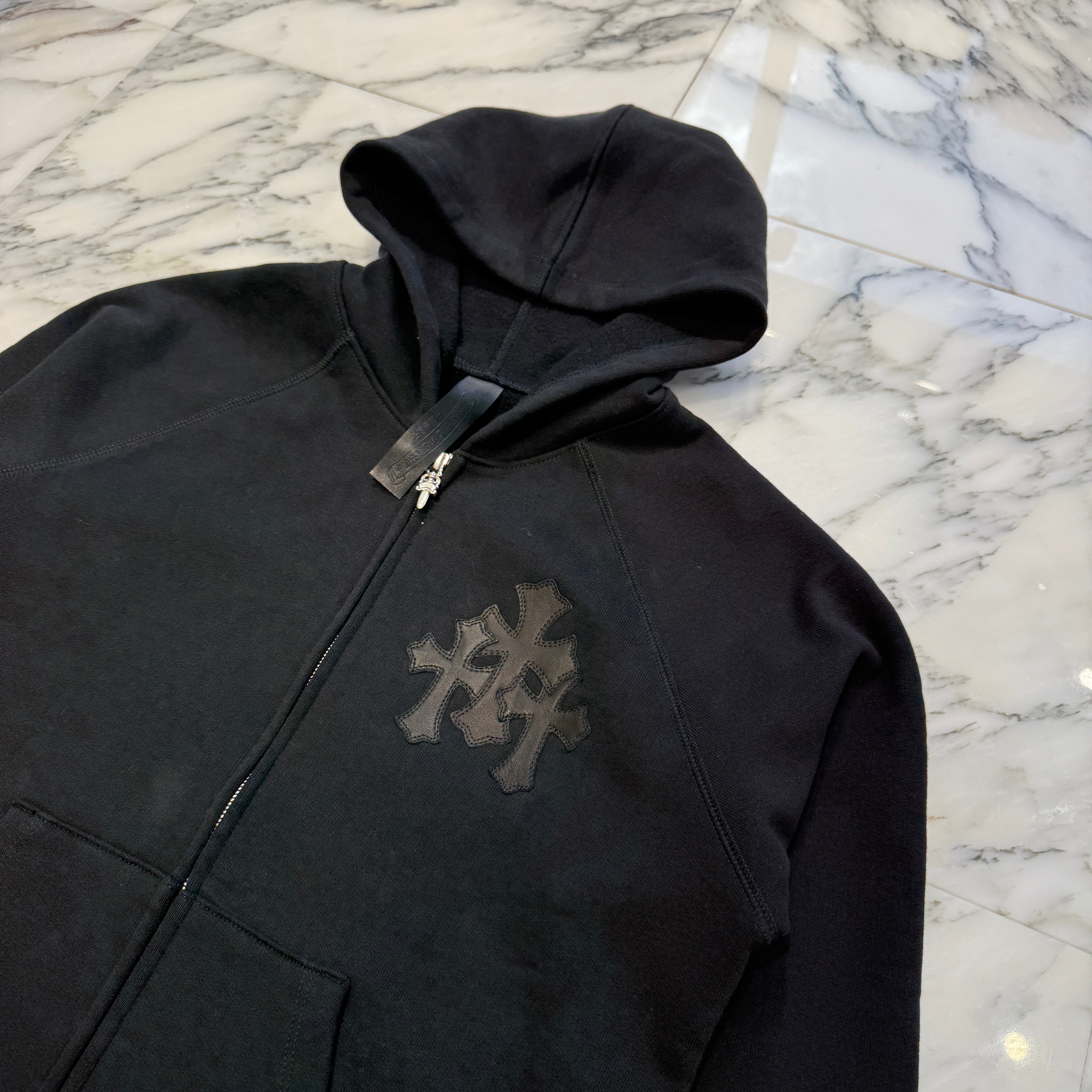 CHROME HEARTS Y NOT Cemetery Cross Leather Patch Zip Up Hoodie