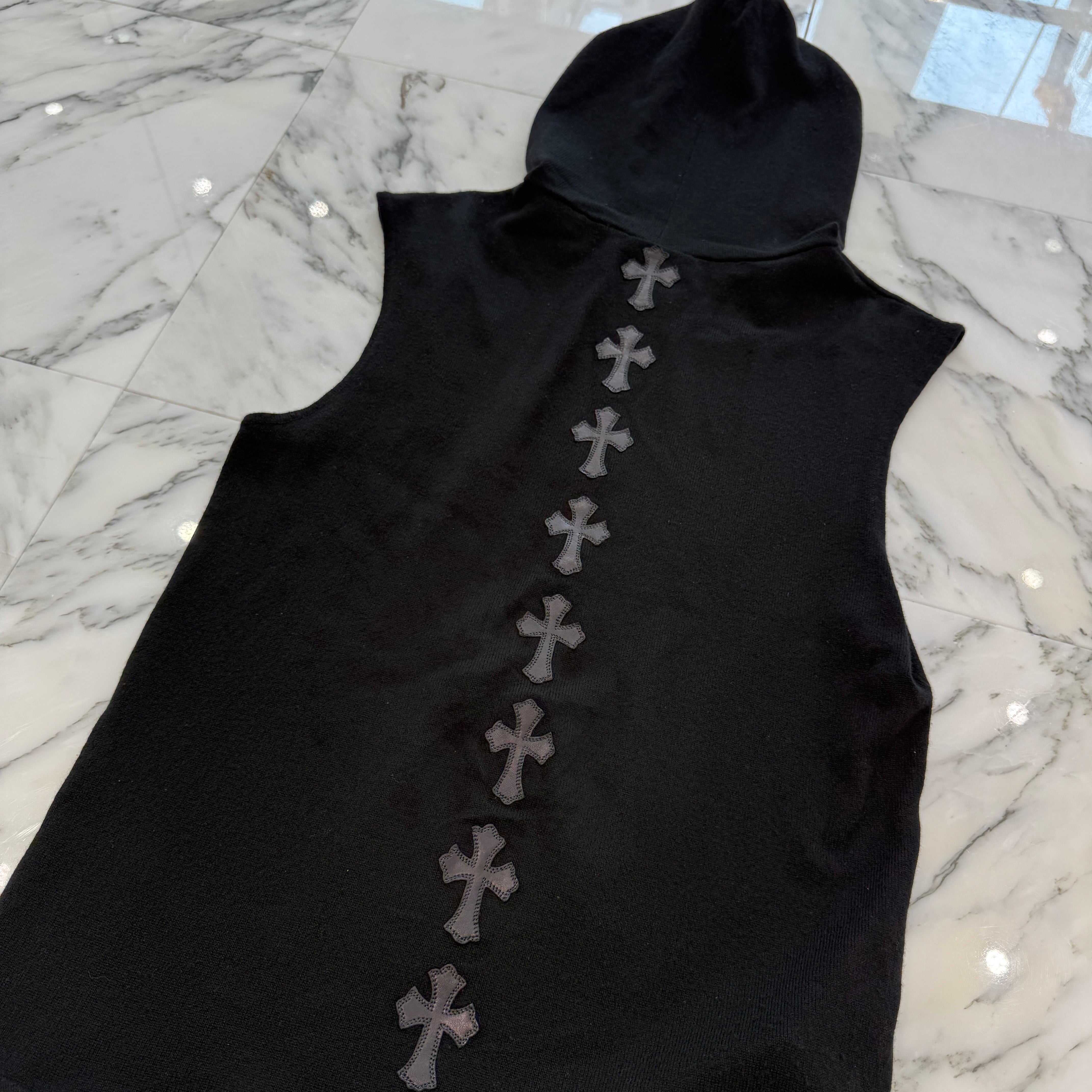 CHROME HEARTS Back Cross Patch Cashmere Hooded Zip Vest Size M クロムハーツ バッククロスパッチ カシミヤ フーデッド ジップ ベスト サイズM