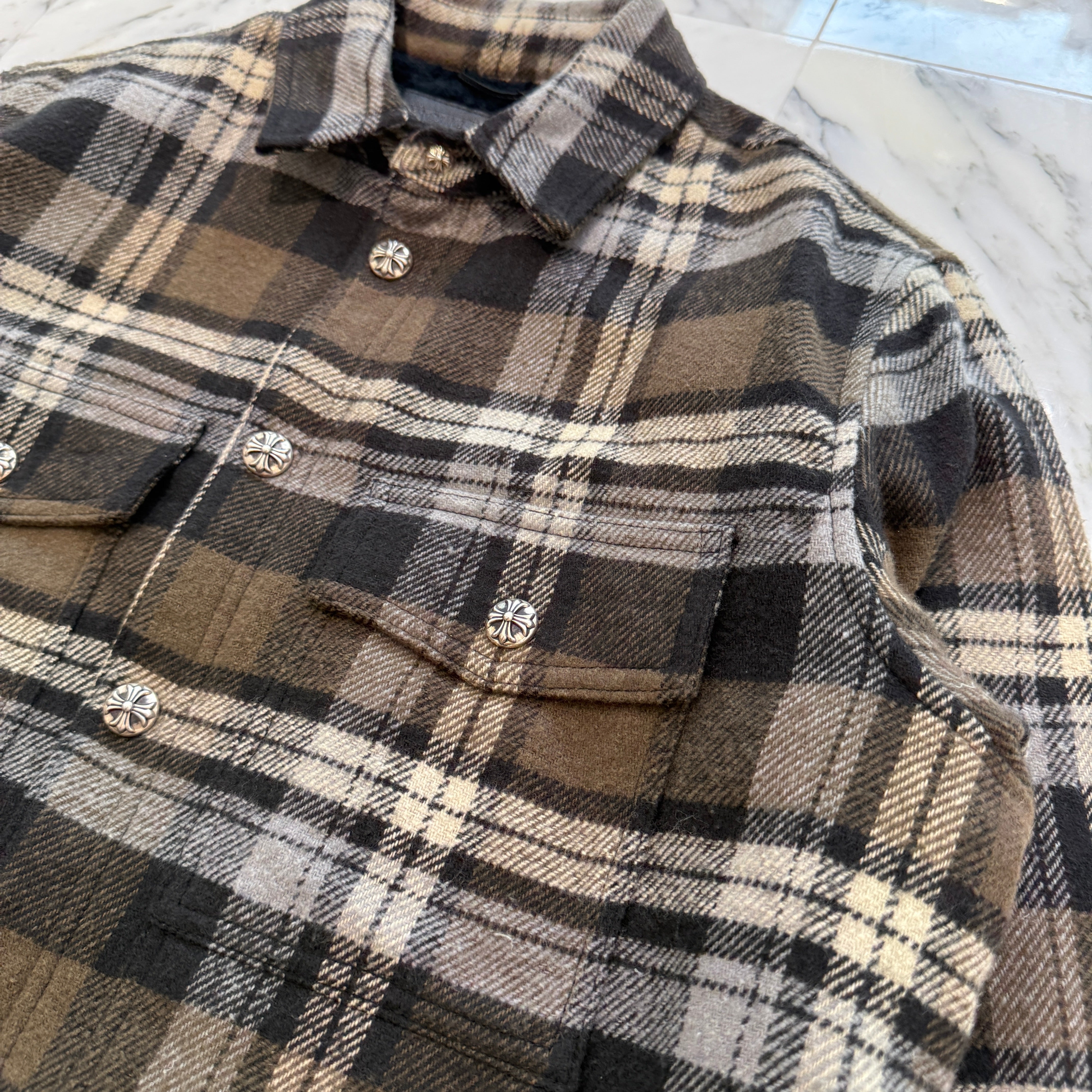 CHROME HEARTS Y NOT Fleece Boa Check Shirt Jacket Size S クロムハーツ ワイノット フリース 裏地ボア チェックシャツ ジャケット サイズS