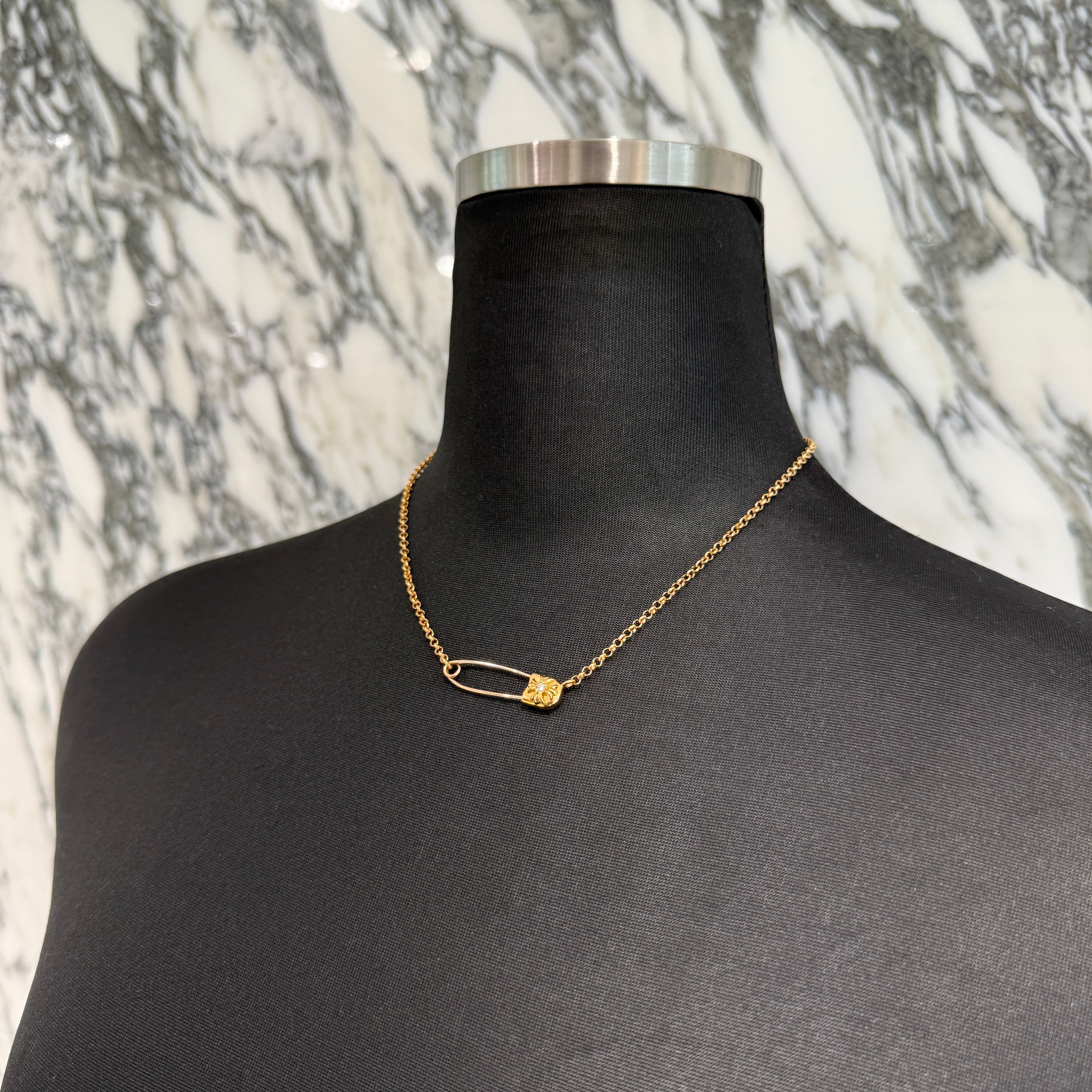 CHROME HEARTS 22K Safety Pin 1 Diamond Roll Chain Necklace Size 16 Inch クロムハーツ 22K セーフティピン 1ダイヤモンド ロールチェーン ネックレス 16インチ