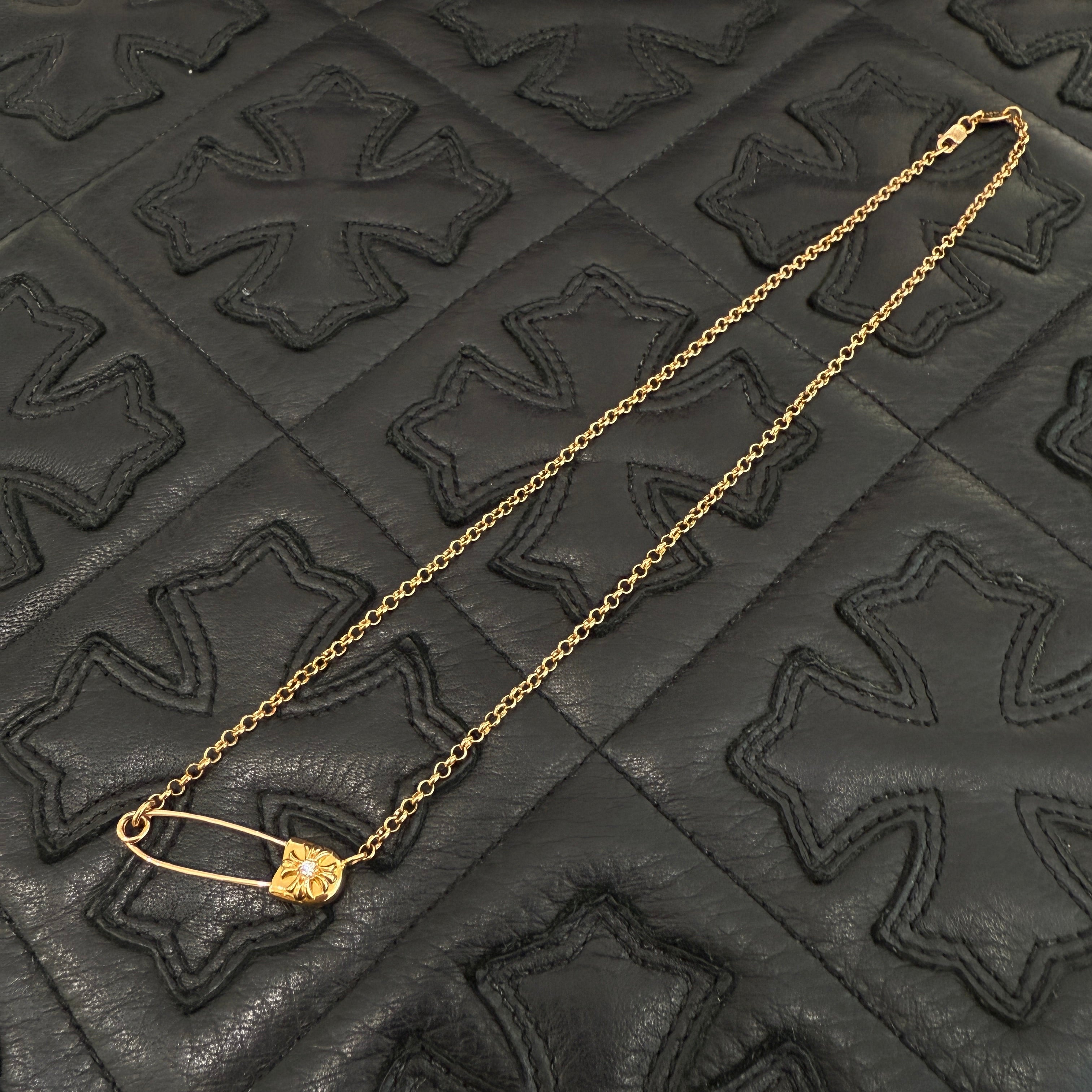 CHROME HEARTS 22K Safety Pin 1 Diamond Roll Chain Necklace Size 16 Inch クロムハーツ 22K セーフティピン 1ダイヤモンド ロールチェーン ネックレス 16インチ