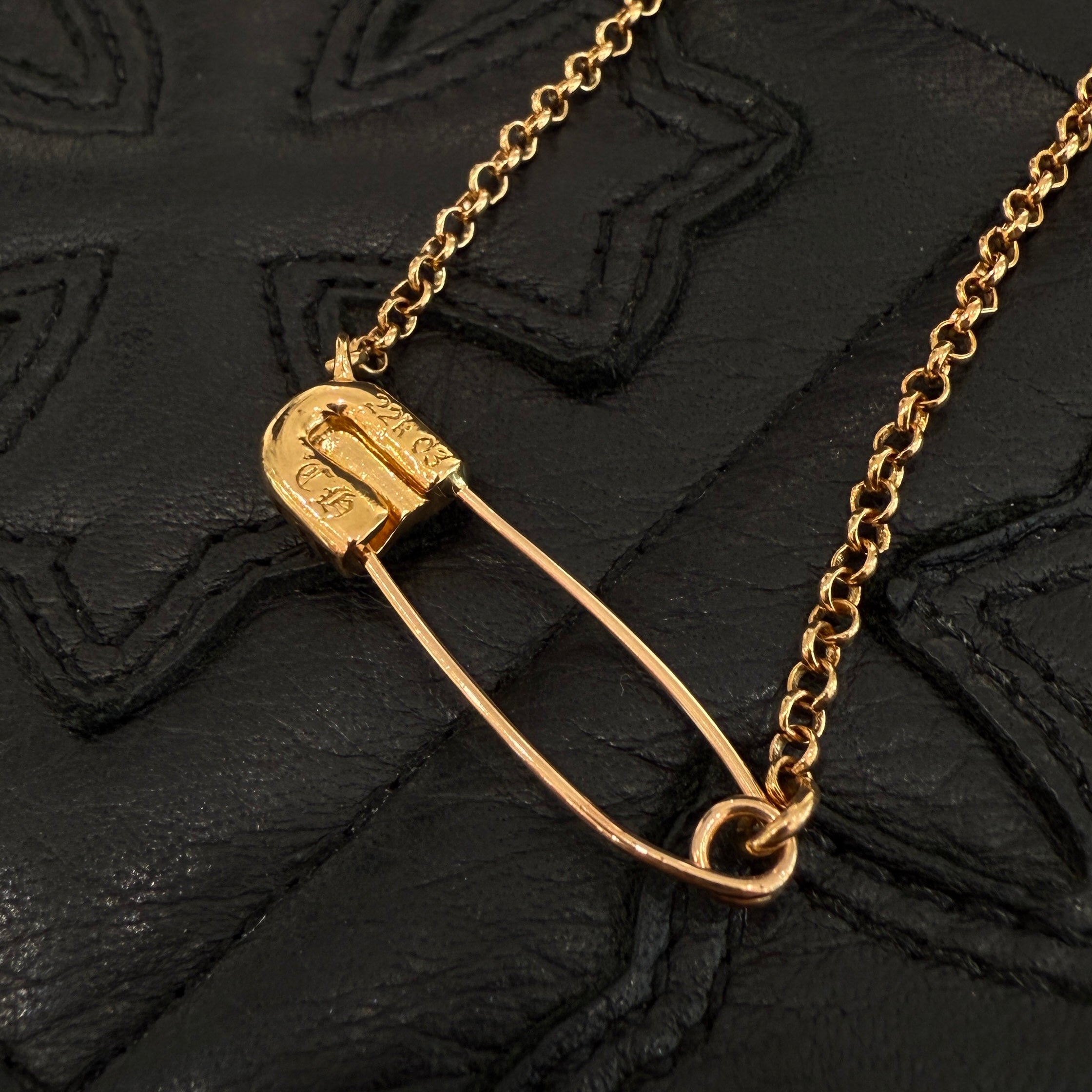 CHROME HEARTS 22K Safety Pin 1 Diamond Roll Chain Necklace Size 16 Inch クロムハーツ 22K セーフティピン 1ダイヤモンド ロールチェーン ネックレス 16インチ