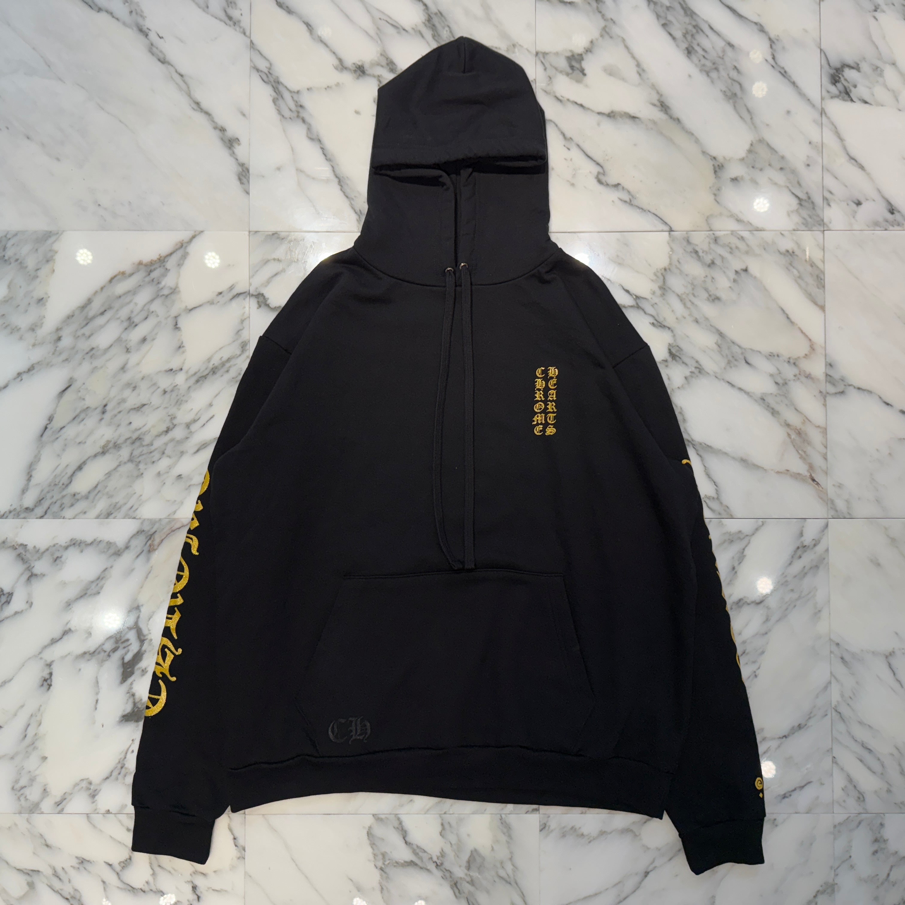 CHROME HEARTS 2024SS Online Limited Vertical Logo Gold Glitter Hoodie Size XL クロムハーツ オンライン限定 ヴァーティカルロゴ ゴールドグリッターフーディ サイズXL