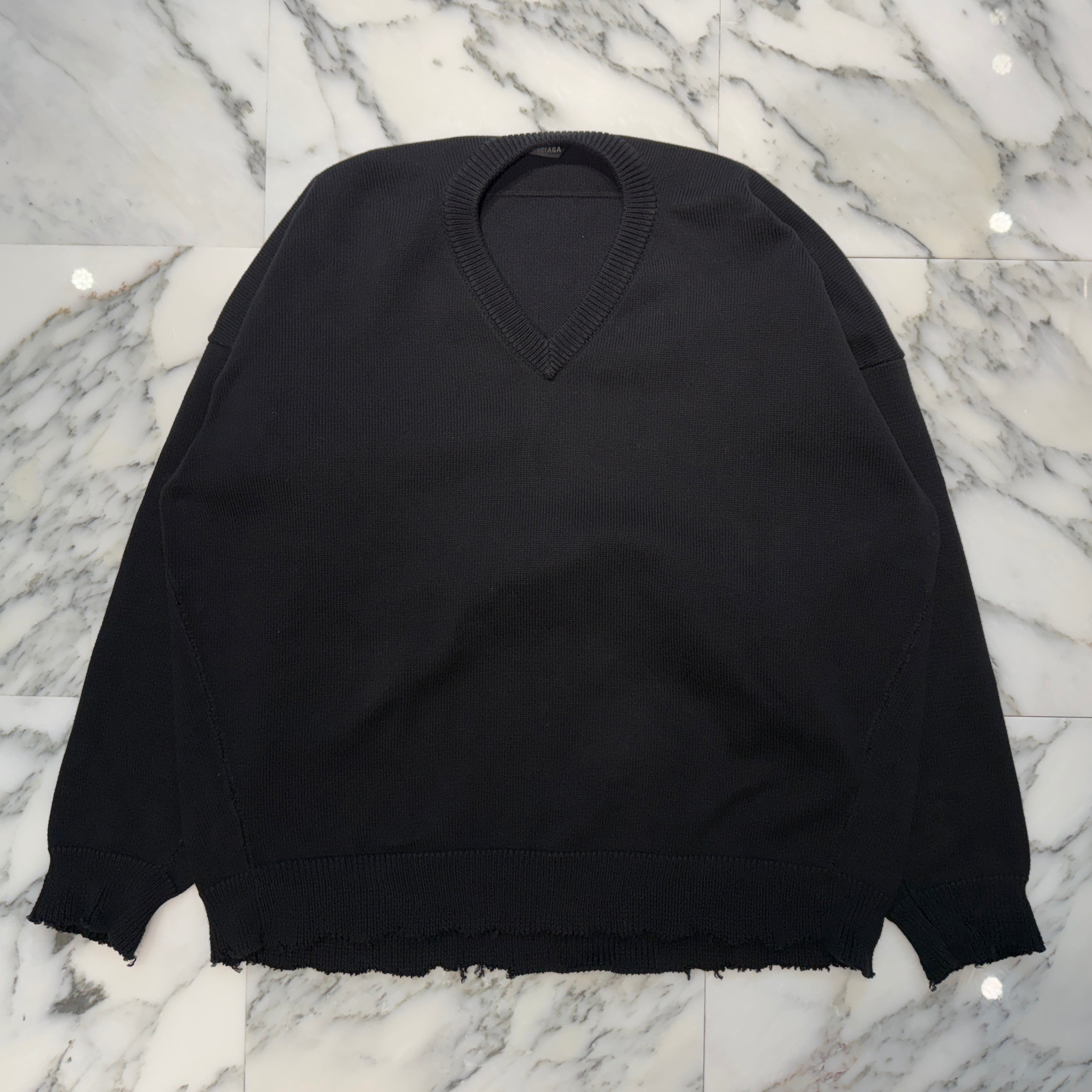 BALENCIAGA 2020AW Damage V-Neck Cotton Loose Knit Sweater 738797 T3267 Size L バレンシアガ ダメージ Vネック ルーズコットンセーター サイズL