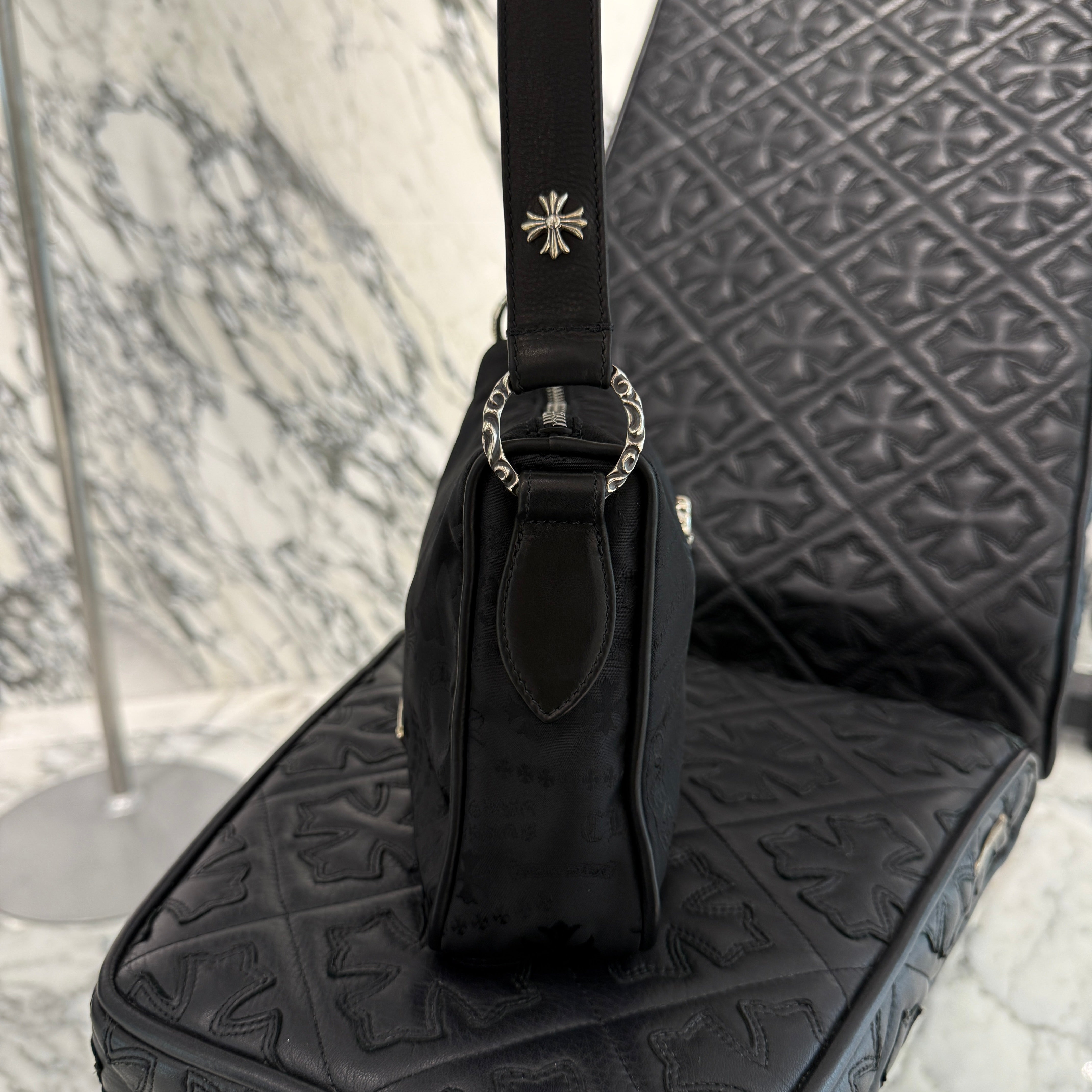 CHROME HEARTS クロムハーツ Stencil Pattern CHICKEN NUGGET Small Nylon Leather Shoulder Bag レザーショルダーバッグ ブラック/シルバー Chrome Hearts - CHROME HEARTS クロムハーツ Stencil Pattern CHICKEN