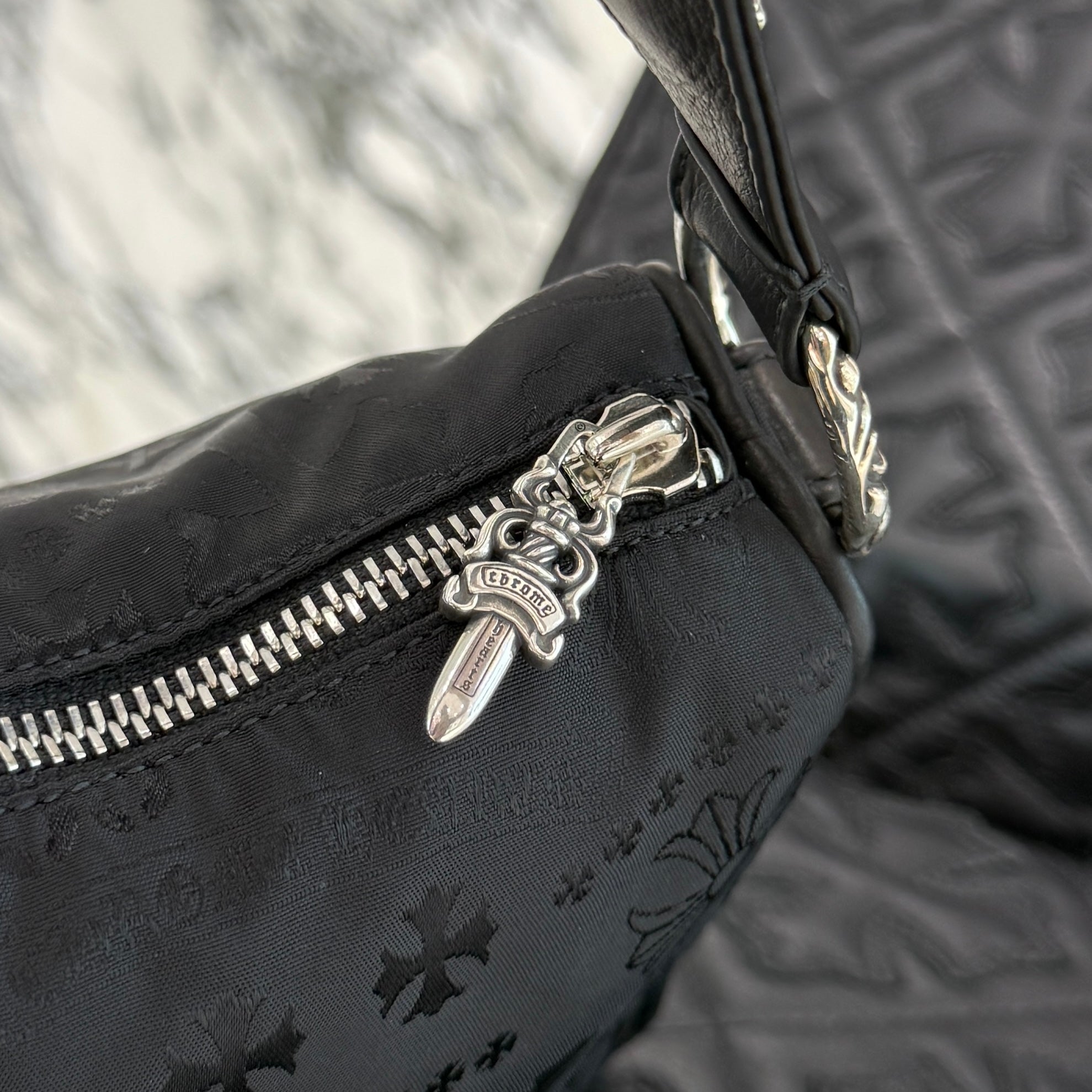 CHROME HEARTS クロムハーツ Stencil Pattern CHICKEN NUGGET Small Nylon Leather Shoulder Bag レザーショルダーバッグ ブラック/シルバー Chrome Hearts - CHROME HEARTS クロムハーツ Stencil Pattern CHICKEN