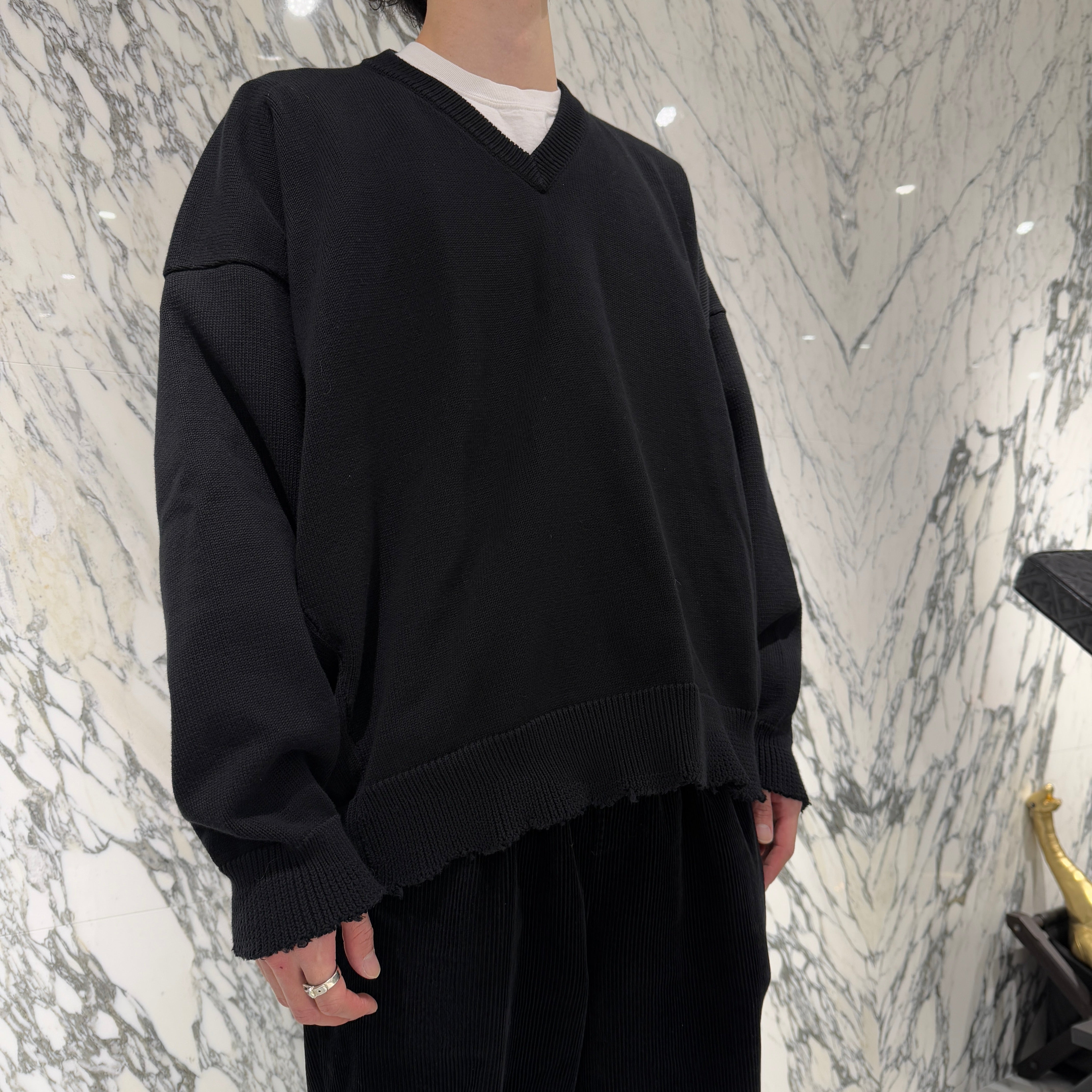 BALENCIAGA 2020AW Damage V-Neck Cotton Loose Knit Sweater 738797 T3267 Size L バレンシアガ ダメージ Vネック ルーズコットンセーター サイズL