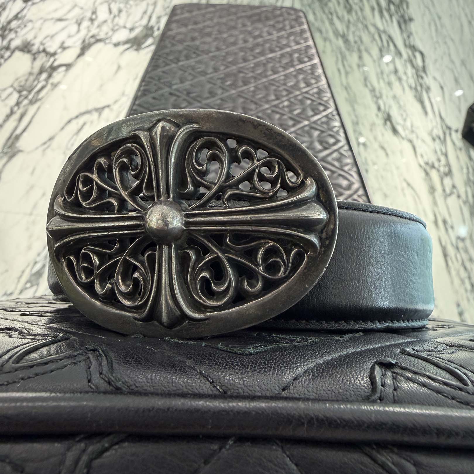 CHROME HEARTS Classic Oval Cross Buckle Belt Size 38 Inch クロムハーツ クラシックオーバルクロス バックル ベルト サイズ38インチ