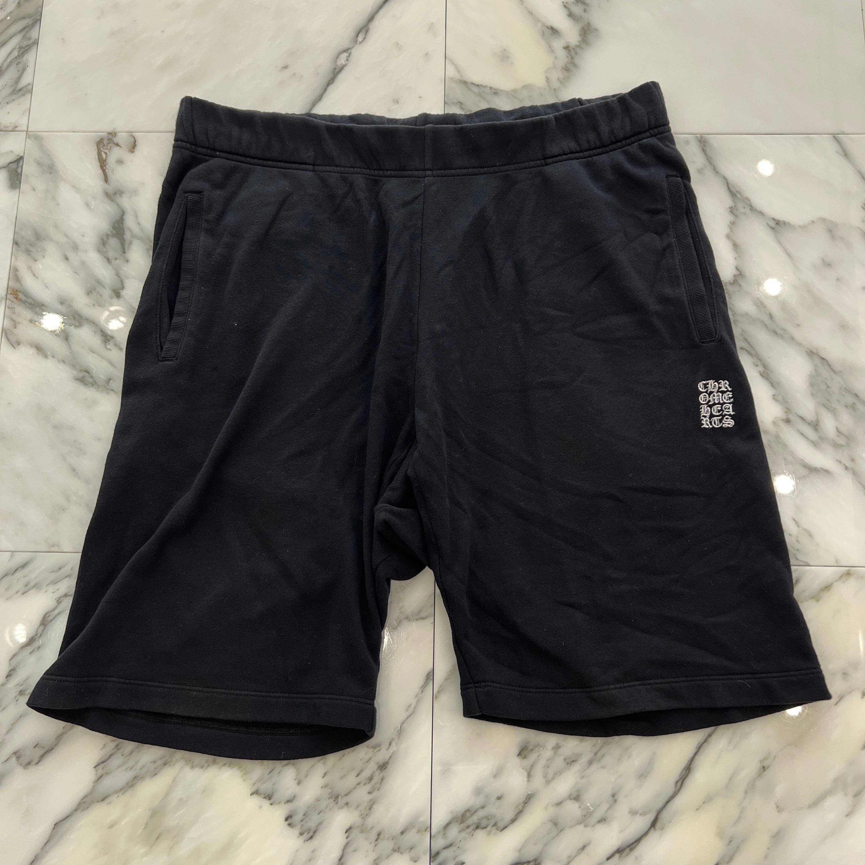 CHROME HEARTS Y NOT Vertical Logo Cross Embroidery Sweat Half Pants Size L クロムハ―ツ ワイノット ヴァーティカルロゴ クロス刺繡 スウェット ハーフパンツ サイズL