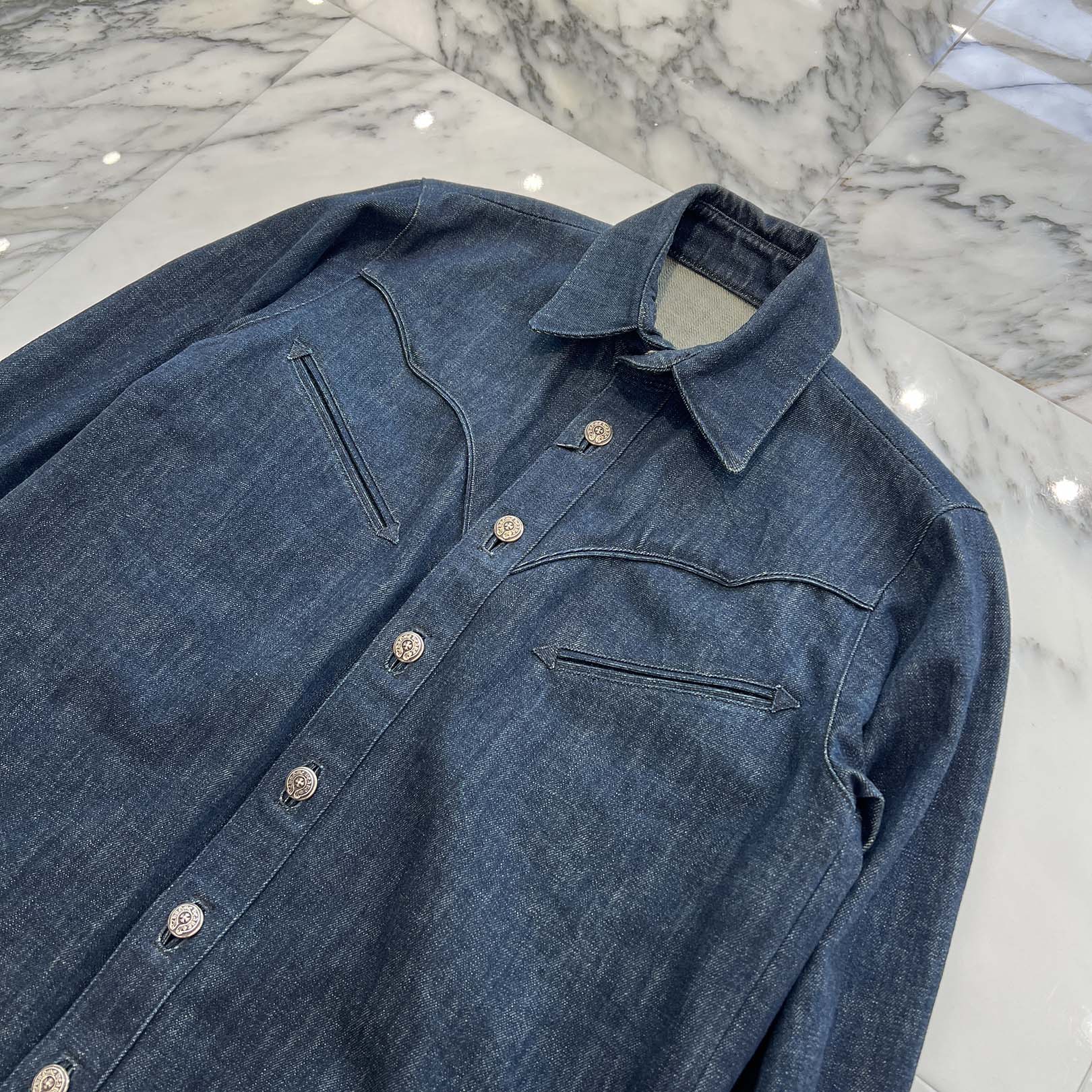 CHROME HEARTS Back Fleury Horseshoe Button Western Denim Shirt Jacket Size S クロムハーツ バックフレアニー ホースシューボタン ウエスタンデニムシャツジャケット サイズS