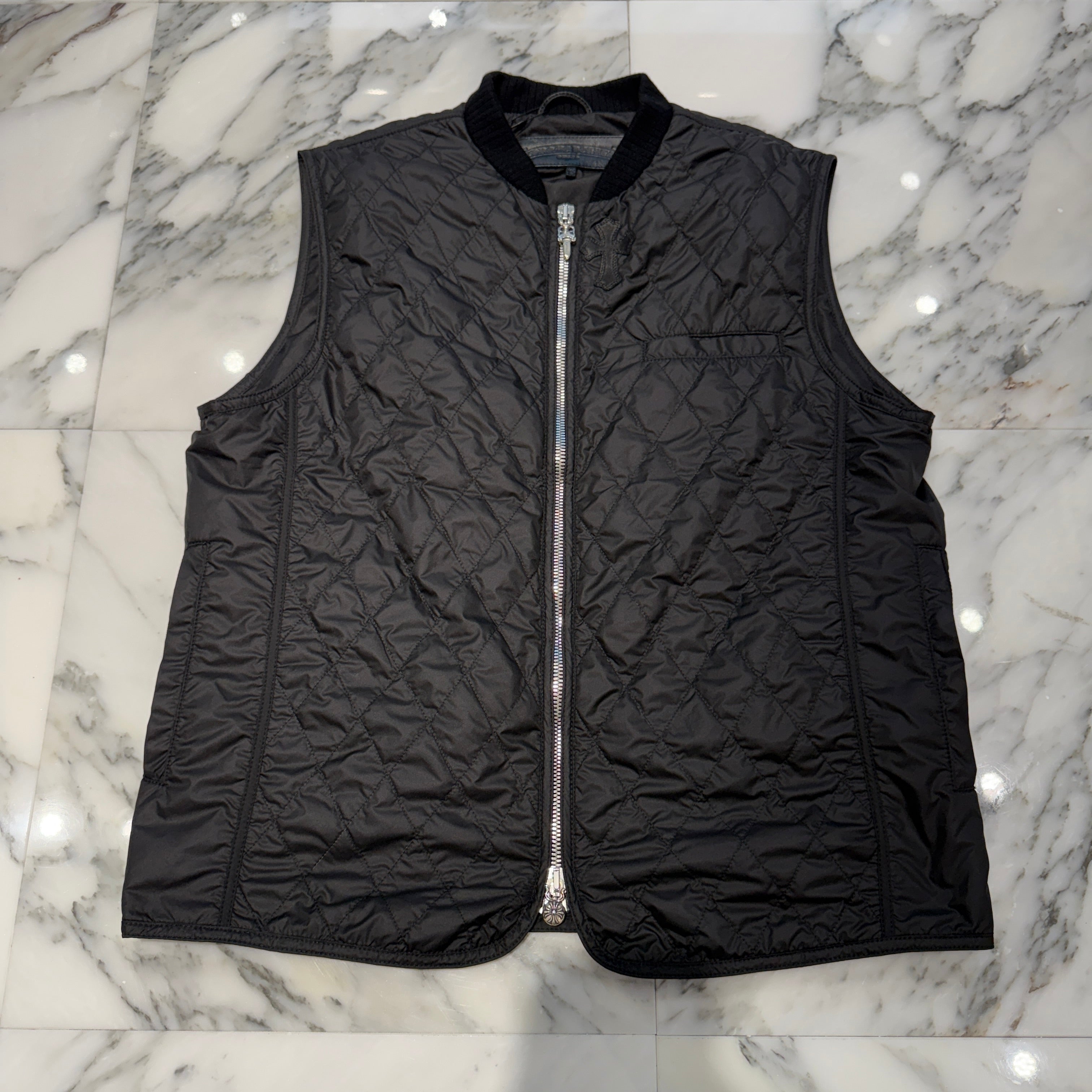 CHROME HEARTS Papa Leather Cross Patch Quilting Vest Size L クロムハーツ パパ レザークロスパッチ ベスト サイズL