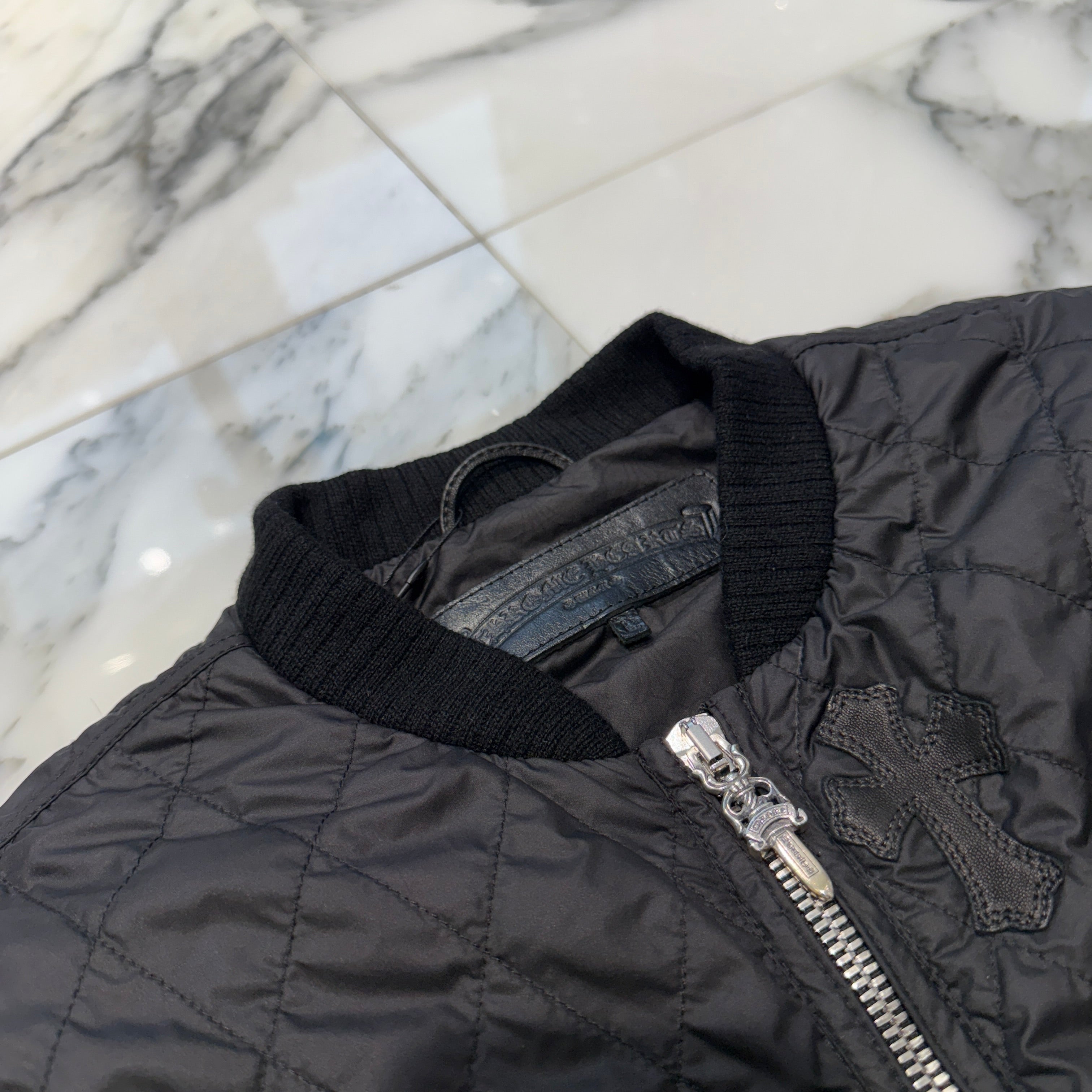 CHROME HEARTS Papa Leather Cross Patch Quilting Vest Size L クロムハーツ パパ レザークロスパッチ ベスト サイズL