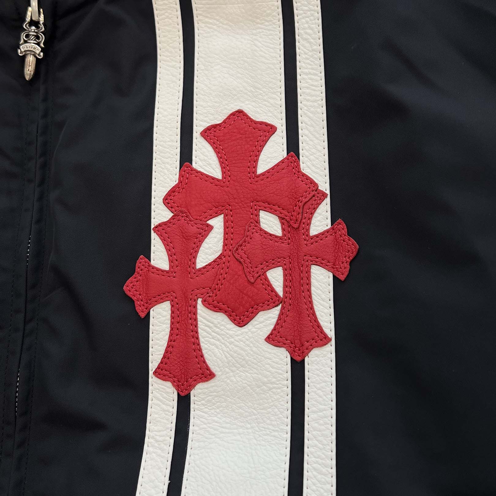 CHROME HEARTS Red 3 Cross Leather Patch Racing Zip Up Jacket Size