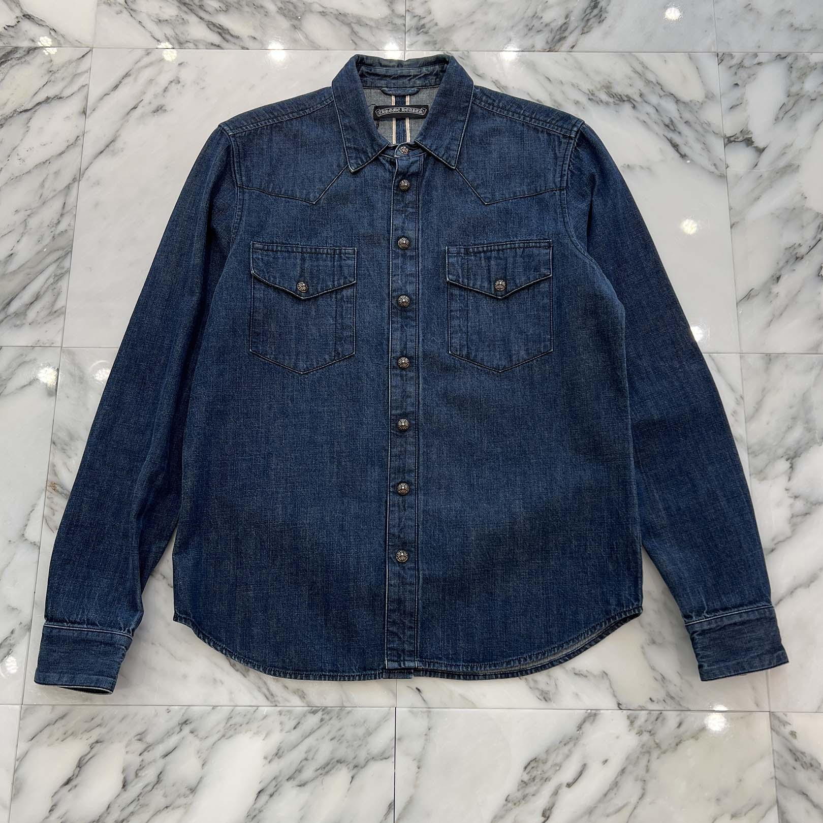 CHROME HEARTS OLD Leather Cross Patch Western Denim Shirt Size M クロムハーツ オールド レザー クロスパッチ ウェスタン デニムシャツ サイズM