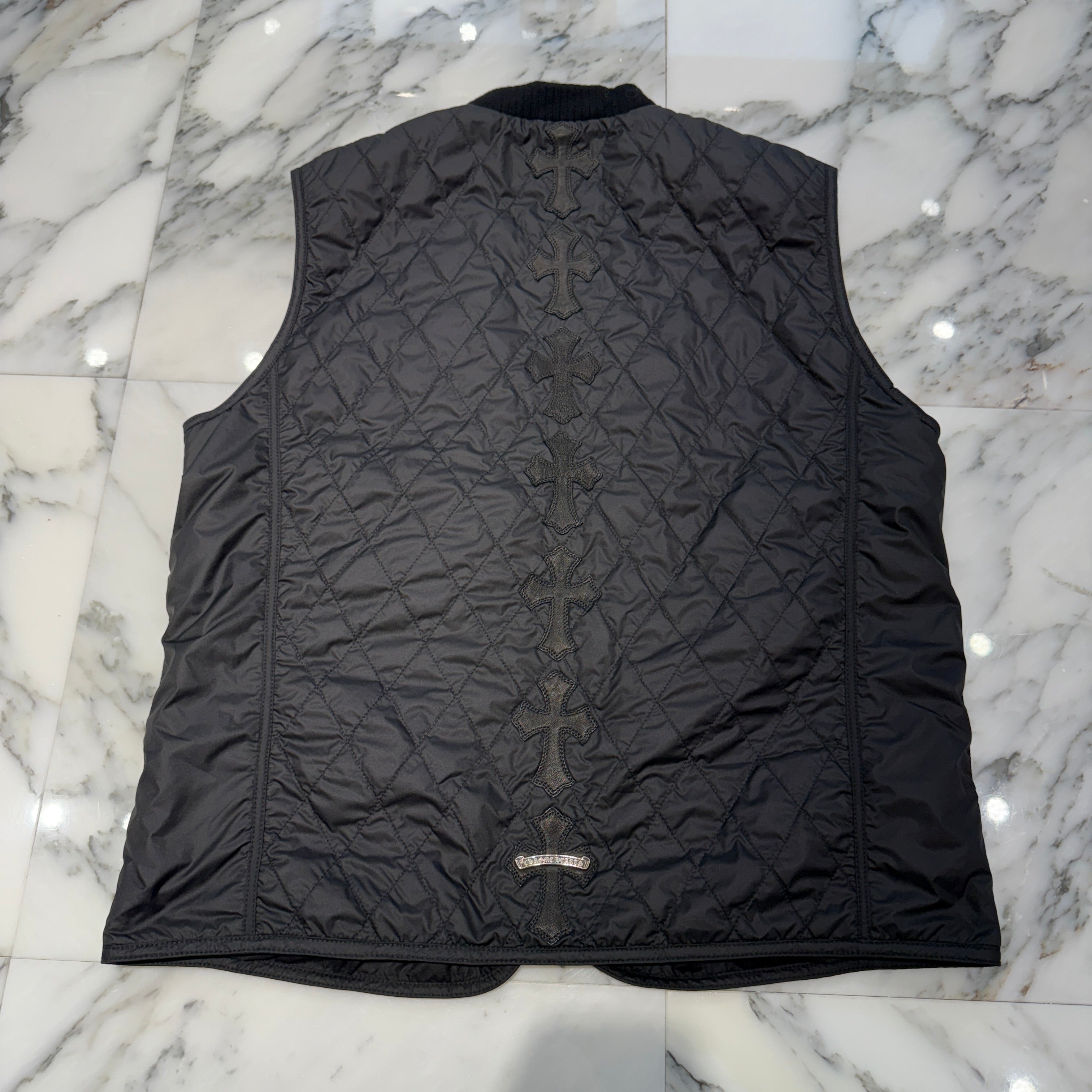 CHROME HEARTS Papa Leather Cross Patch Quilting Vest Size L クロムハーツ パパ レザークロスパッチ ベスト サイズL