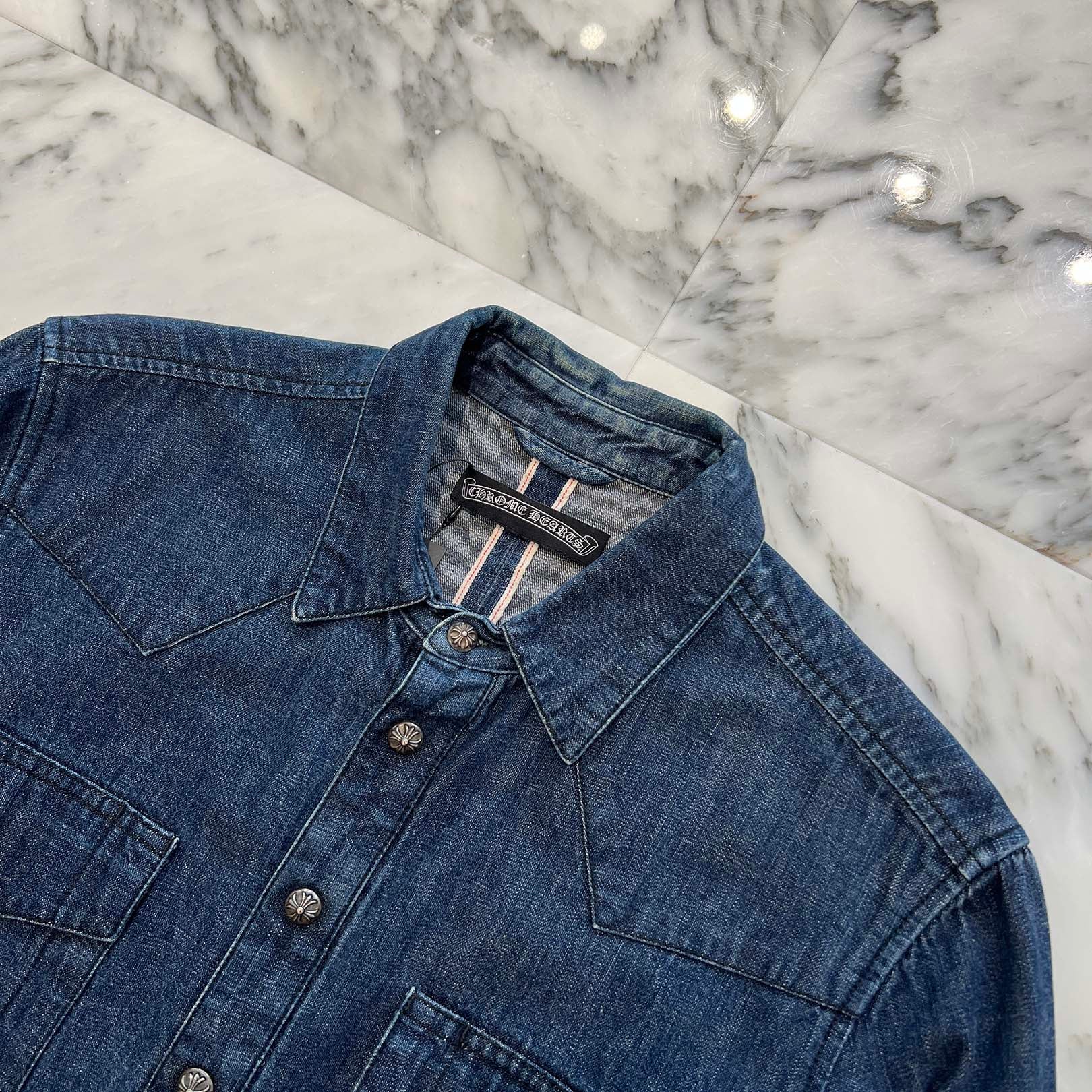 CHROME HEARTS OLD Leather Cross Patch Western Denim Shirt Size M クロムハーツ オールド レザー クロスパッチ ウェスタン デニムシャツ サイズM