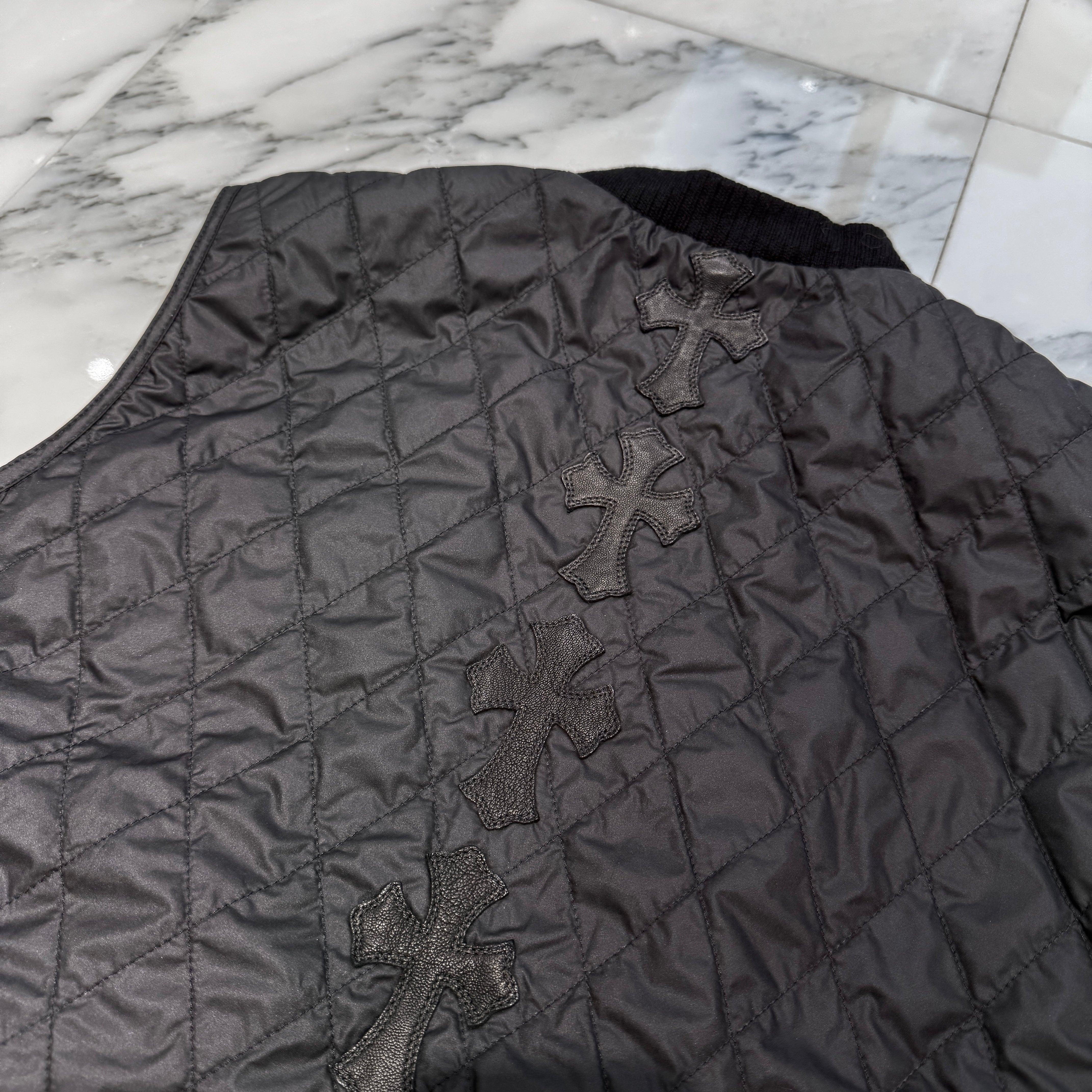 CHROME HEARTS Papa Leather Cross Patch Quilting Vest Size L クロムハーツ パパ レザークロスパッチ ベスト サイズL