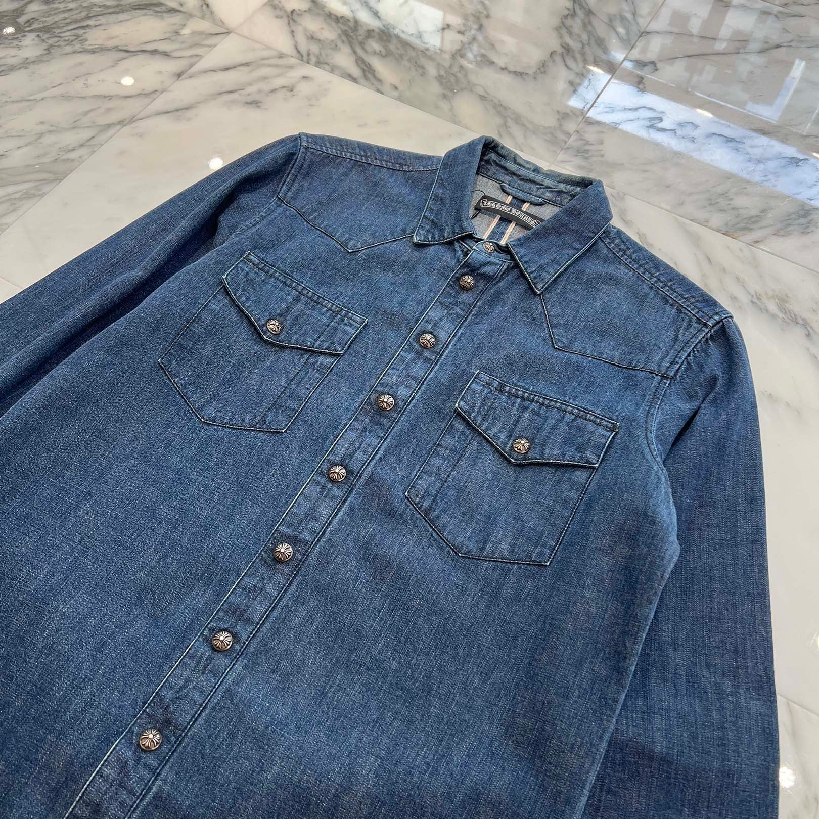 CHROME HEARTS OLD Leather Cross Patch Western Denim Shirt Size M クロムハーツ オールド レザー クロスパッチ ウェスタン デニムシャツ サイズM