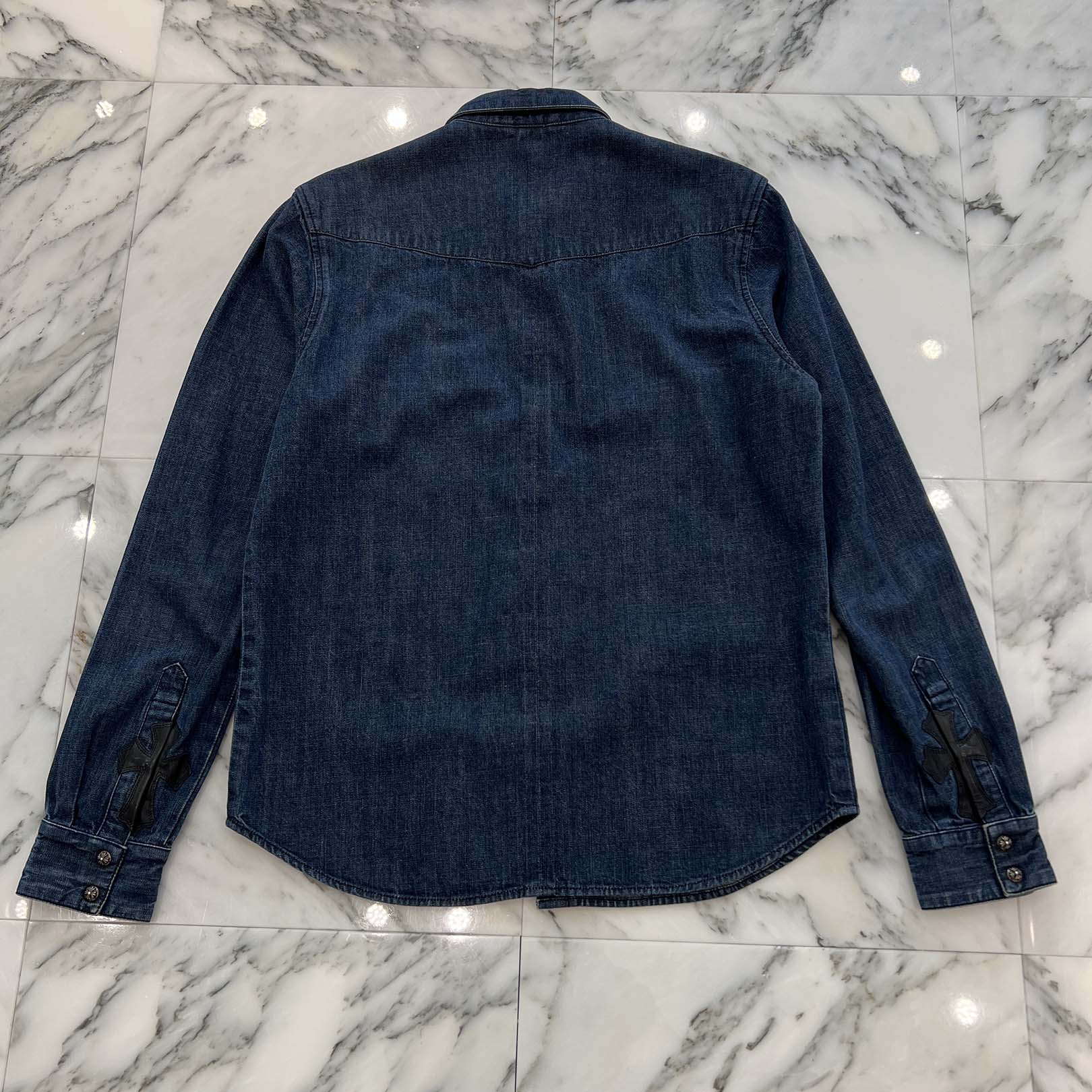 CHROME HEARTS OLD Leather Cross Patch Western Denim Shirt Size M クロムハーツ オールド レザー クロスパッチ ウェスタン デニムシャツ サイズM