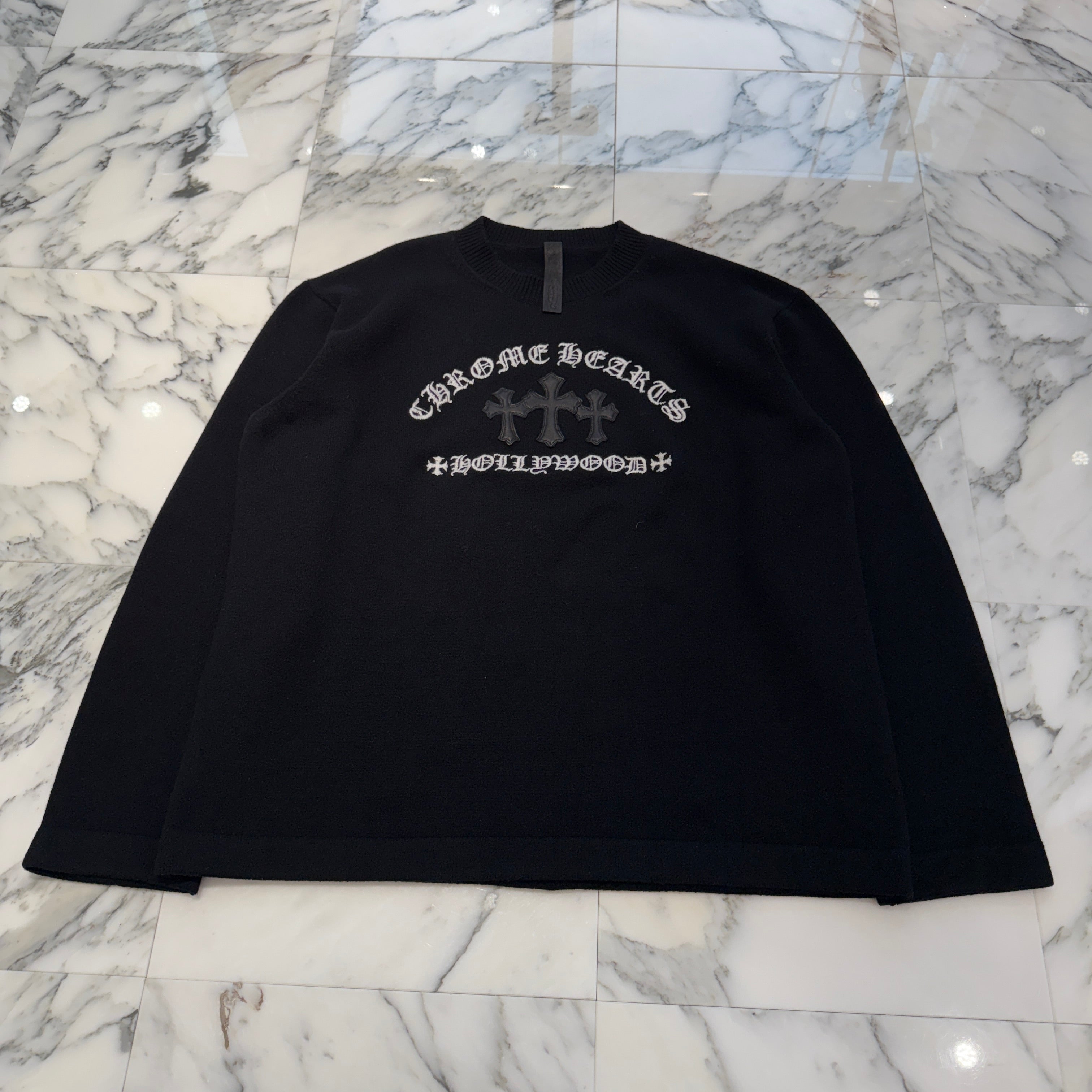 CHROME HEARTS Y NOT King Taco 3 Cemetery Cross Leather Patch Cashmere Knit Sweater Size XXL クロムハーツ ワイノット キングタコ 3セメタリークロス レザーパッチ カシミヤ ニットセーター サイズXXL