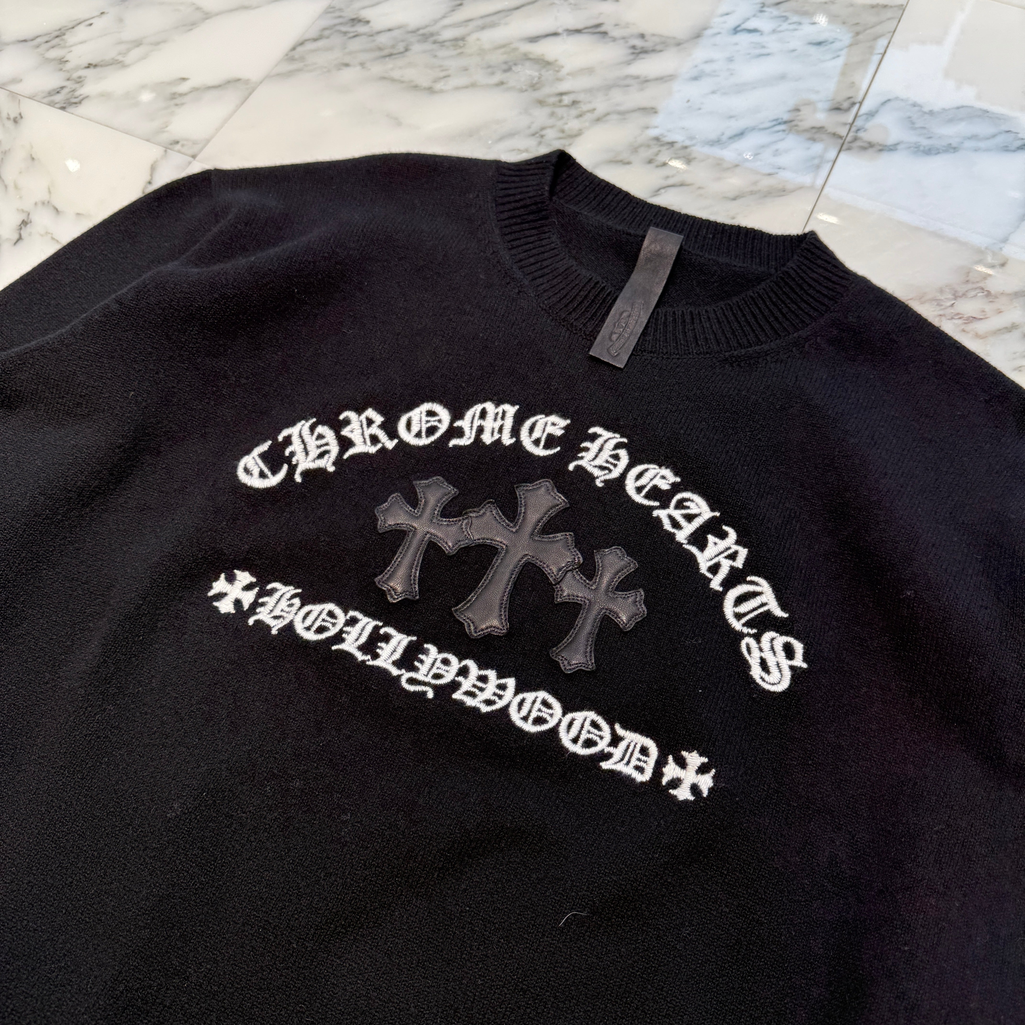 CHROME HEARTS Y NOT King Taco 3 Cemetery Cross Leather Patch Cashmere Knit Sweater Size XXL クロムハーツ ワイノット キングタコ 3セメタリークロス レザーパッチ カシミヤ ニットセーター サイズXXL