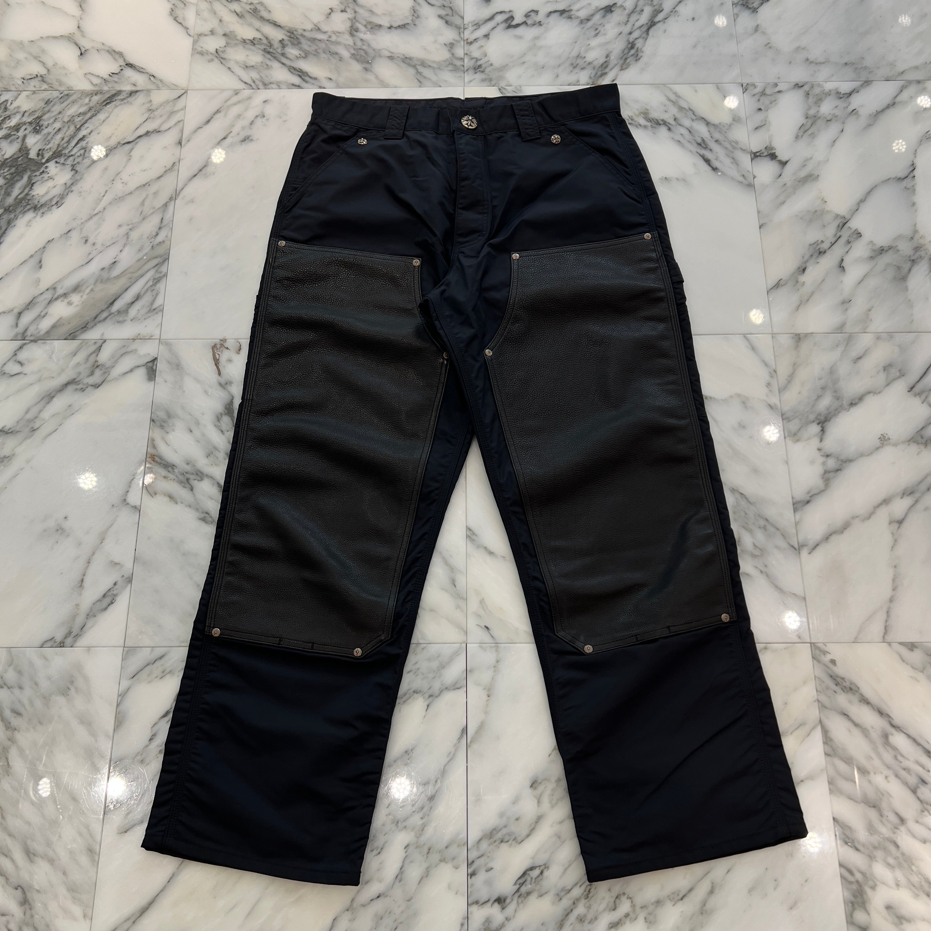 CHROME HEARTS Carpenter Leather Double Knee Nylon Leather Cross Patch Pants Size 34 クロムハーツ カーペンター レザーダブルニー ナイロン レザークロスパッチ ロングパンツ サイズ34