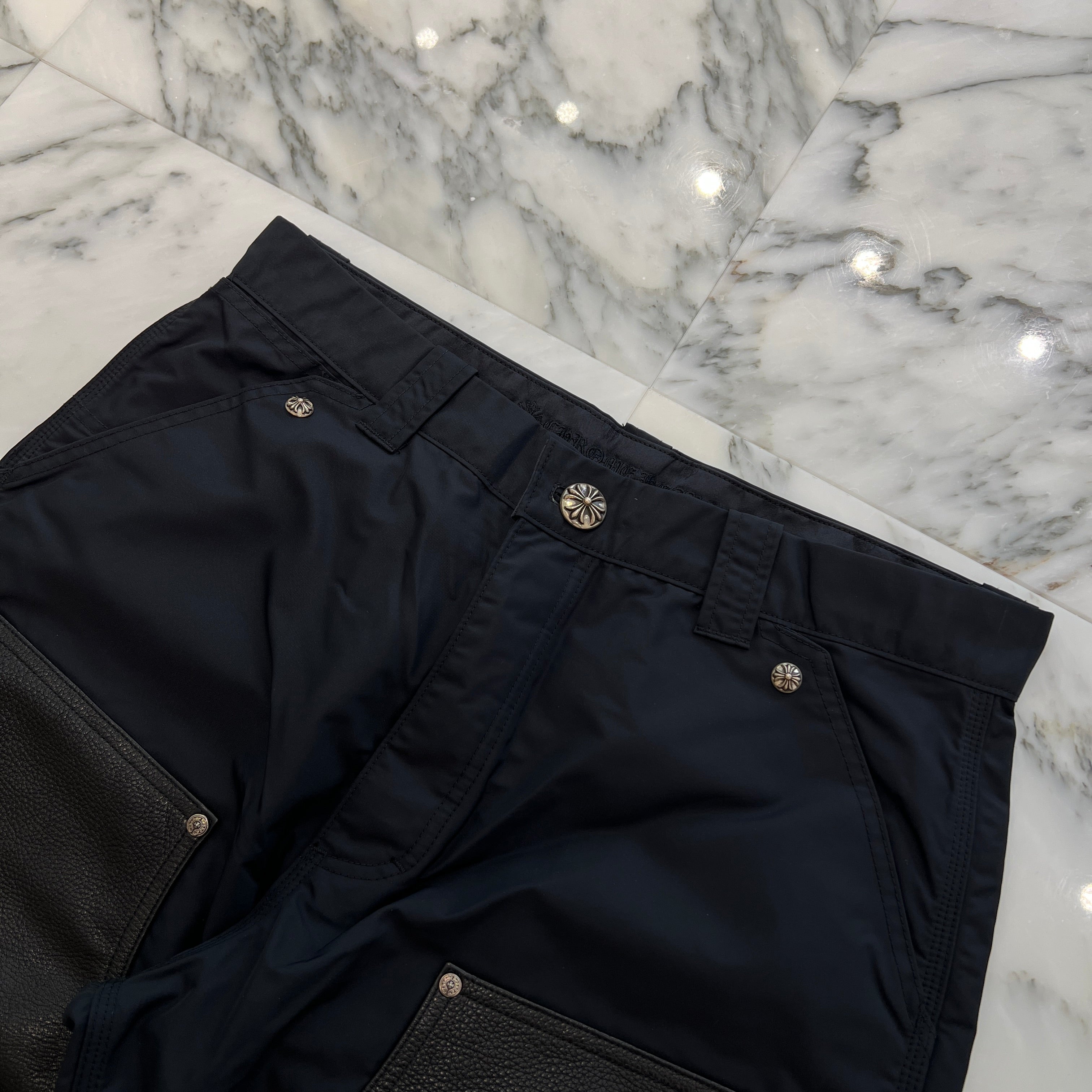 CHROME HEARTS Carpenter Leather Double Knee Nylon Leather Cross Patch Pants Size 34 クロムハーツ カーペンター レザーダブルニー ナイロン レザークロスパッチ ロングパンツ サイズ34