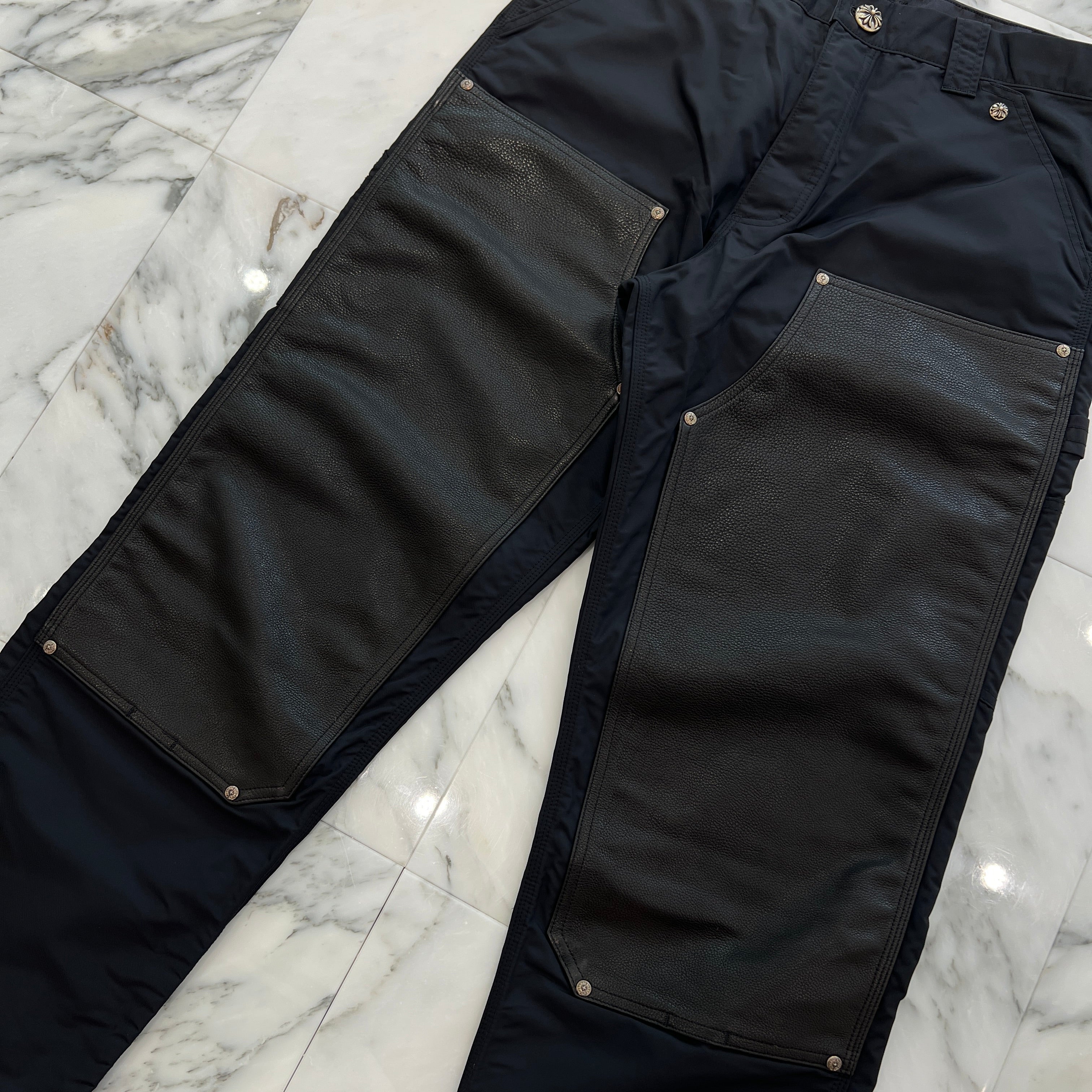 CHROME HEARTS Carpenter Leather Double Knee Nylon Leather Cross Patch Pants Size 34 クロムハーツ カーペンター レザーダブルニー ナイロン レザークロスパッチ ロングパンツ サイズ34