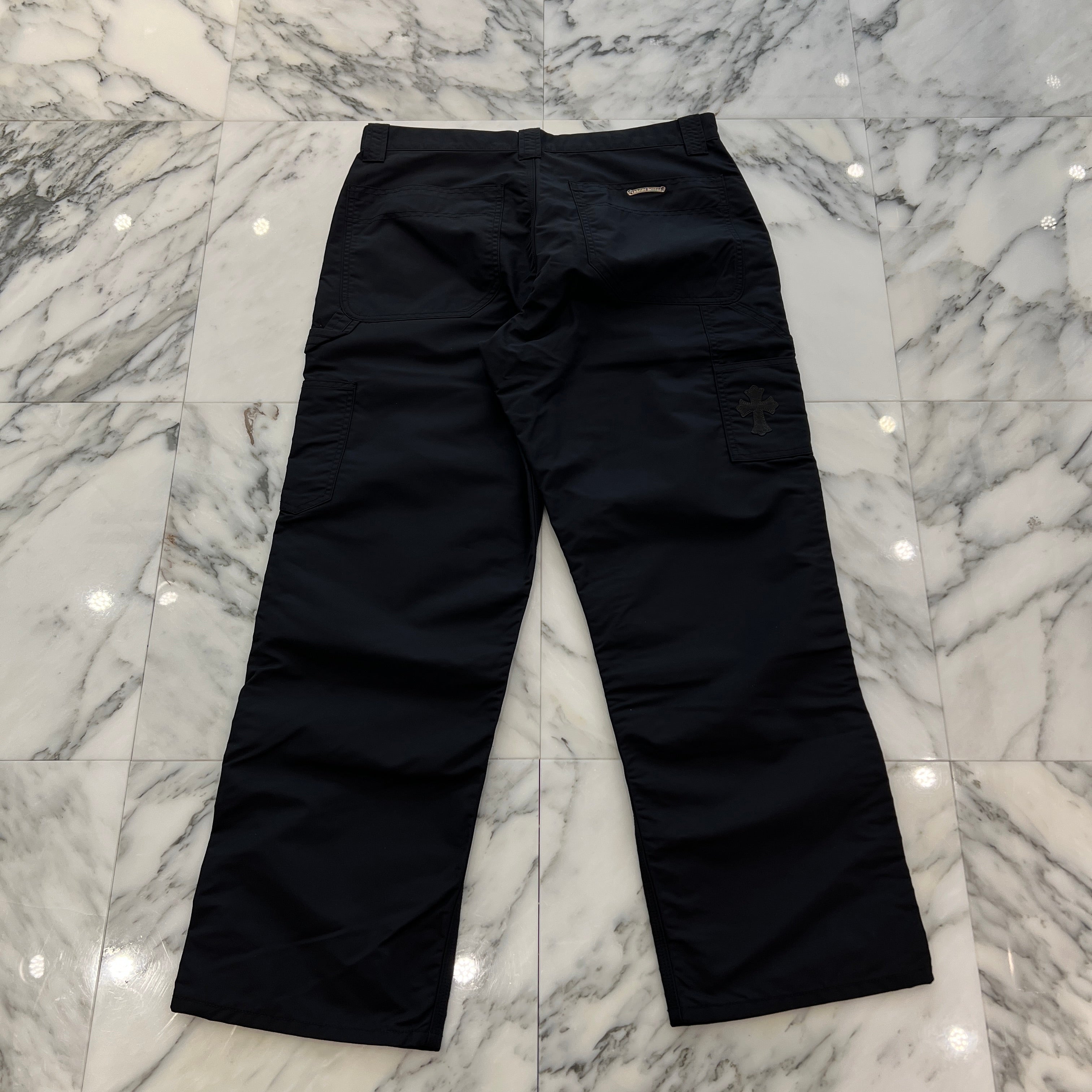 CHROME HEARTS Carpenter Leather Double Knee Nylon Leather Cross Patch Pants Size 34 クロムハーツ カーペンター レザーダブルニー ナイロン レザークロスパッチ ロングパンツ サイズ34