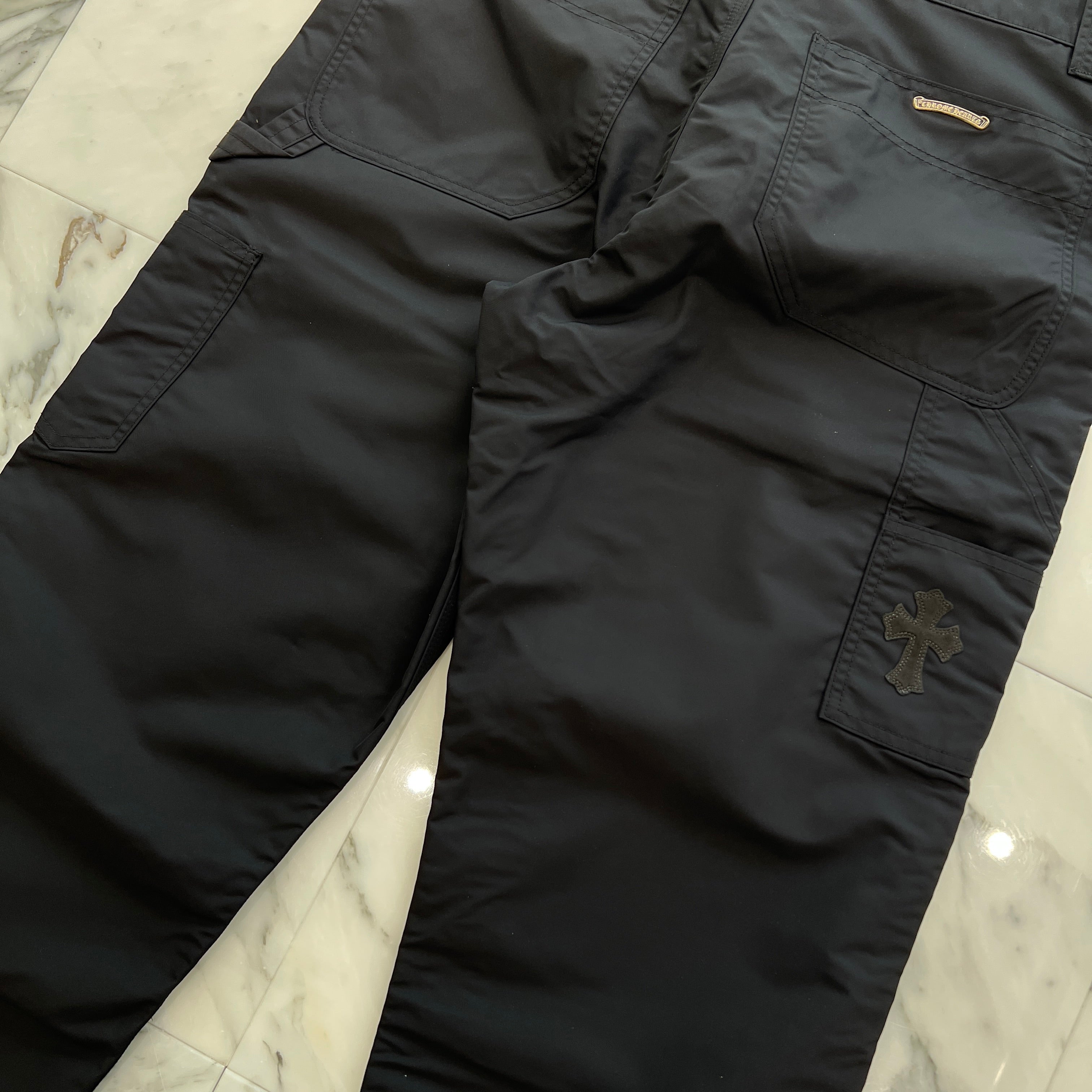 CHROME HEARTS Carpenter Leather Double Knee Nylon Leather Cross Patch Pants Size 34 クロムハーツ カーペンター レザーダブルニー ナイロン レザークロスパッチ ロングパンツ サイズ34
