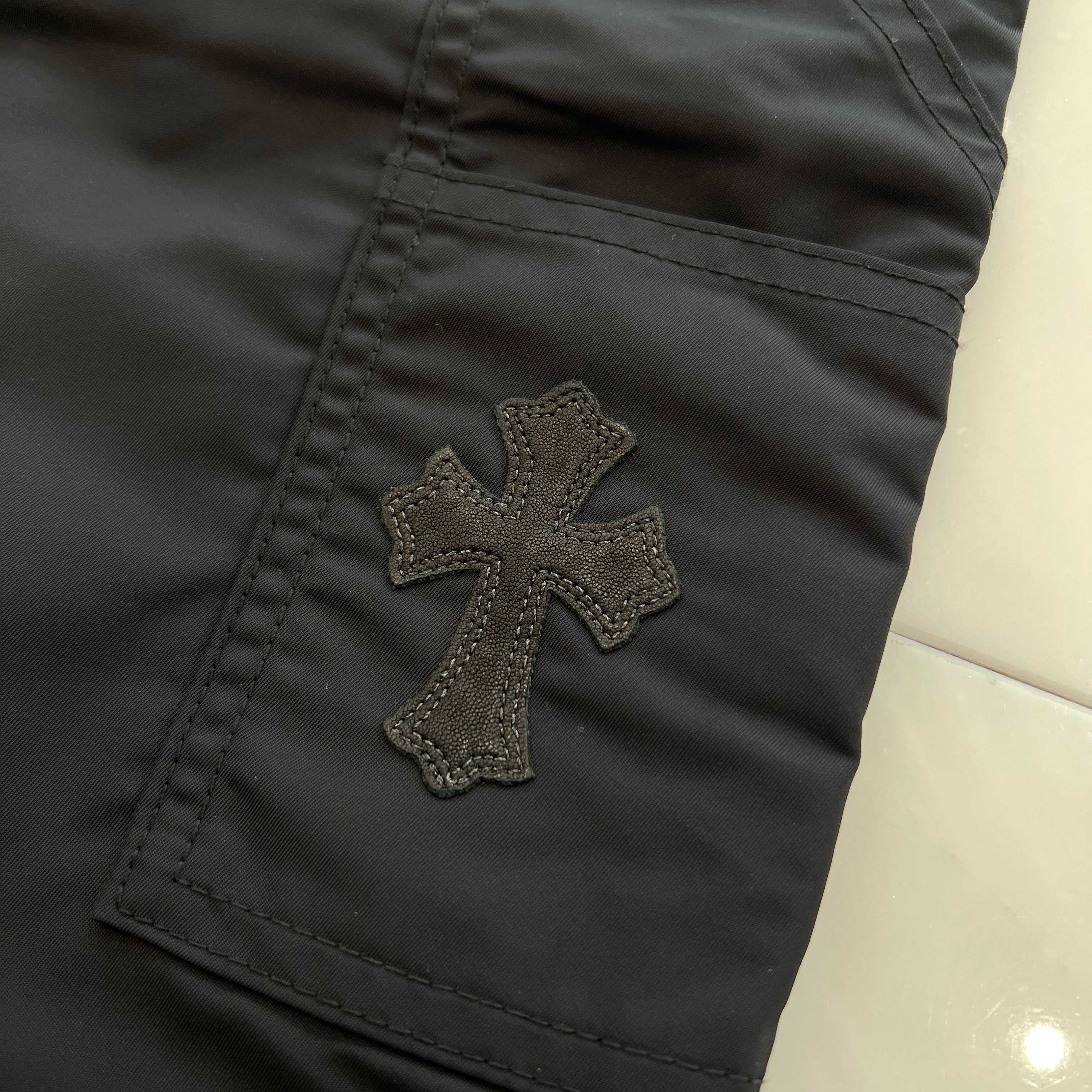 CHROME HEARTS Carpenter Leather Double Knee Nylon Leather Cross Patch Pants Size 34 クロムハーツ カーペンター レザーダブルニー ナイロン レザークロスパッチ ロングパンツ サイズ34