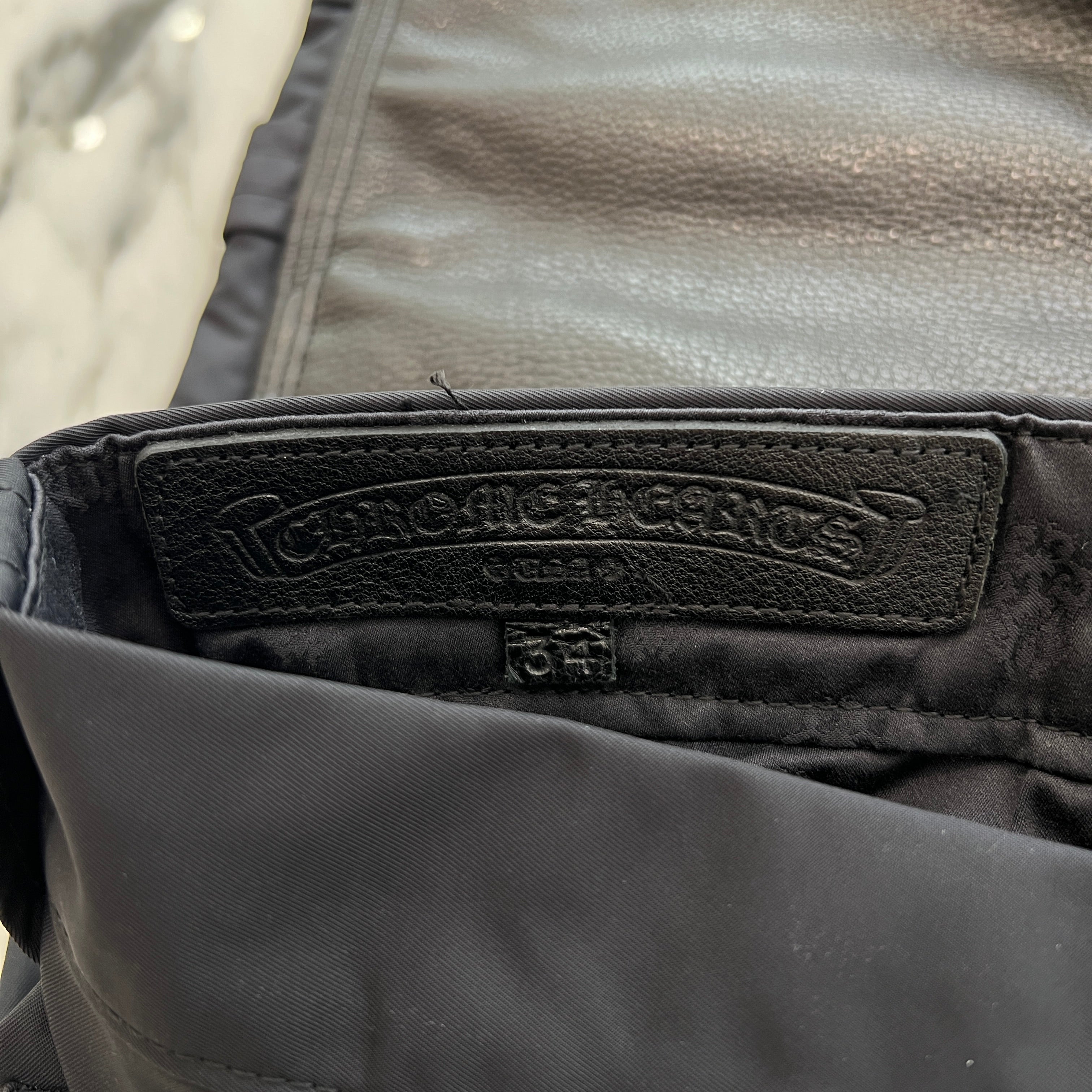 CHROME HEARTS Carpenter Leather Double Knee Nylon Leather Cross Patch Pants Size 34 クロムハーツ カーペンター レザーダブルニー ナイロン レザークロスパッチ ロングパンツ サイズ34