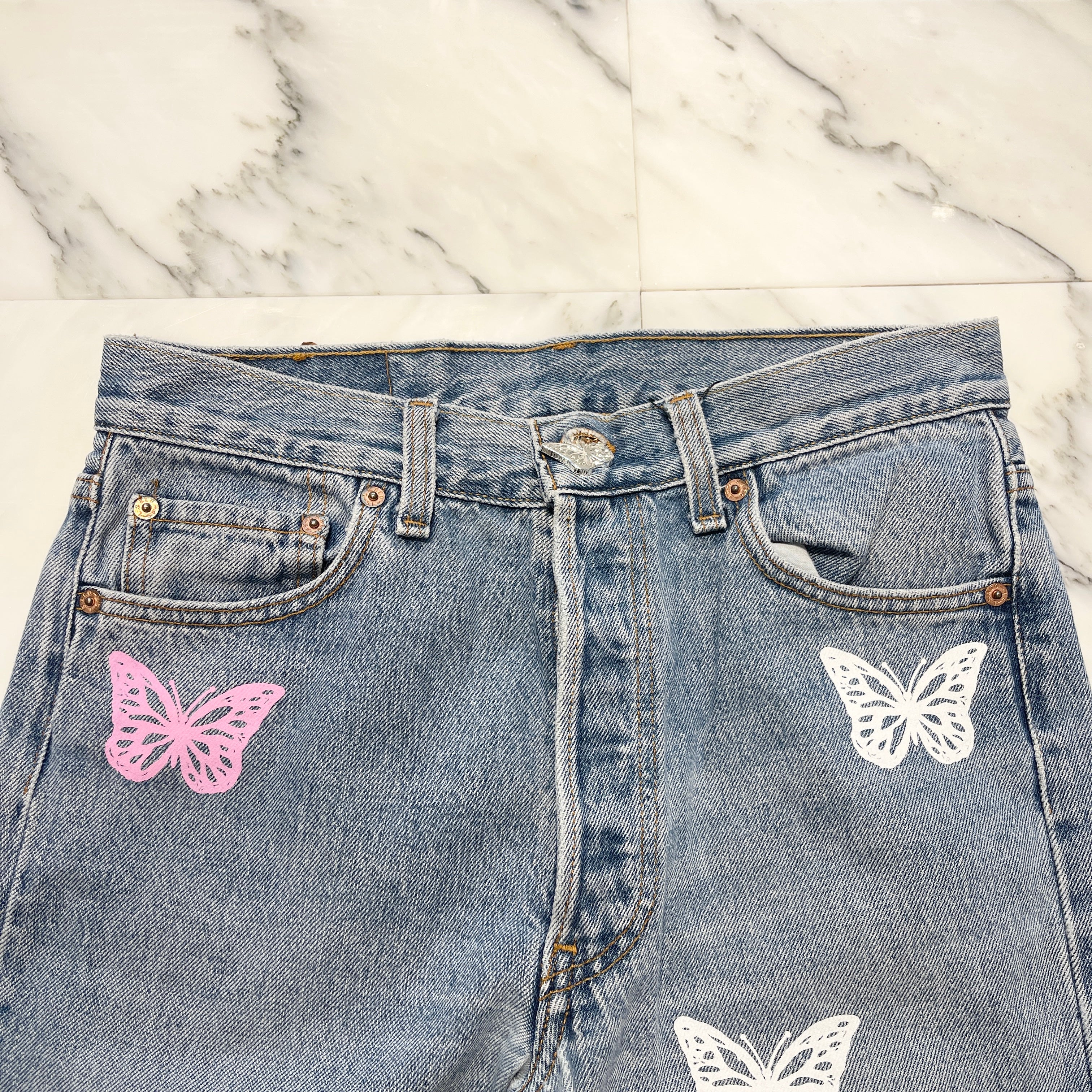ABOUT DREAMS Butterfly Jeans Size W31 L32 アバウトドリームズ バタフライジーンズ インディゴ×ホワイト×ピンク サイズW31×L32