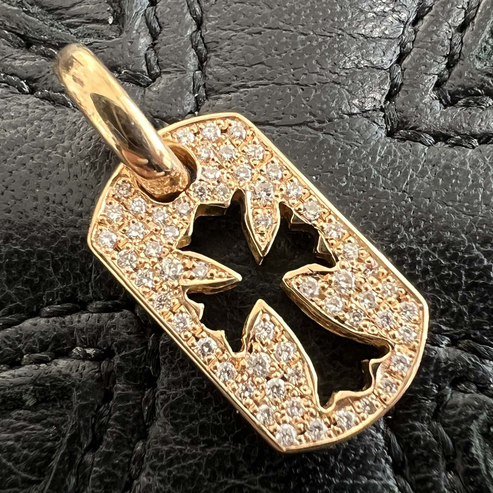 CHROME HEARTS 22K Tiny Cut Out Cross Dock Tag Pendant Charm Pave
