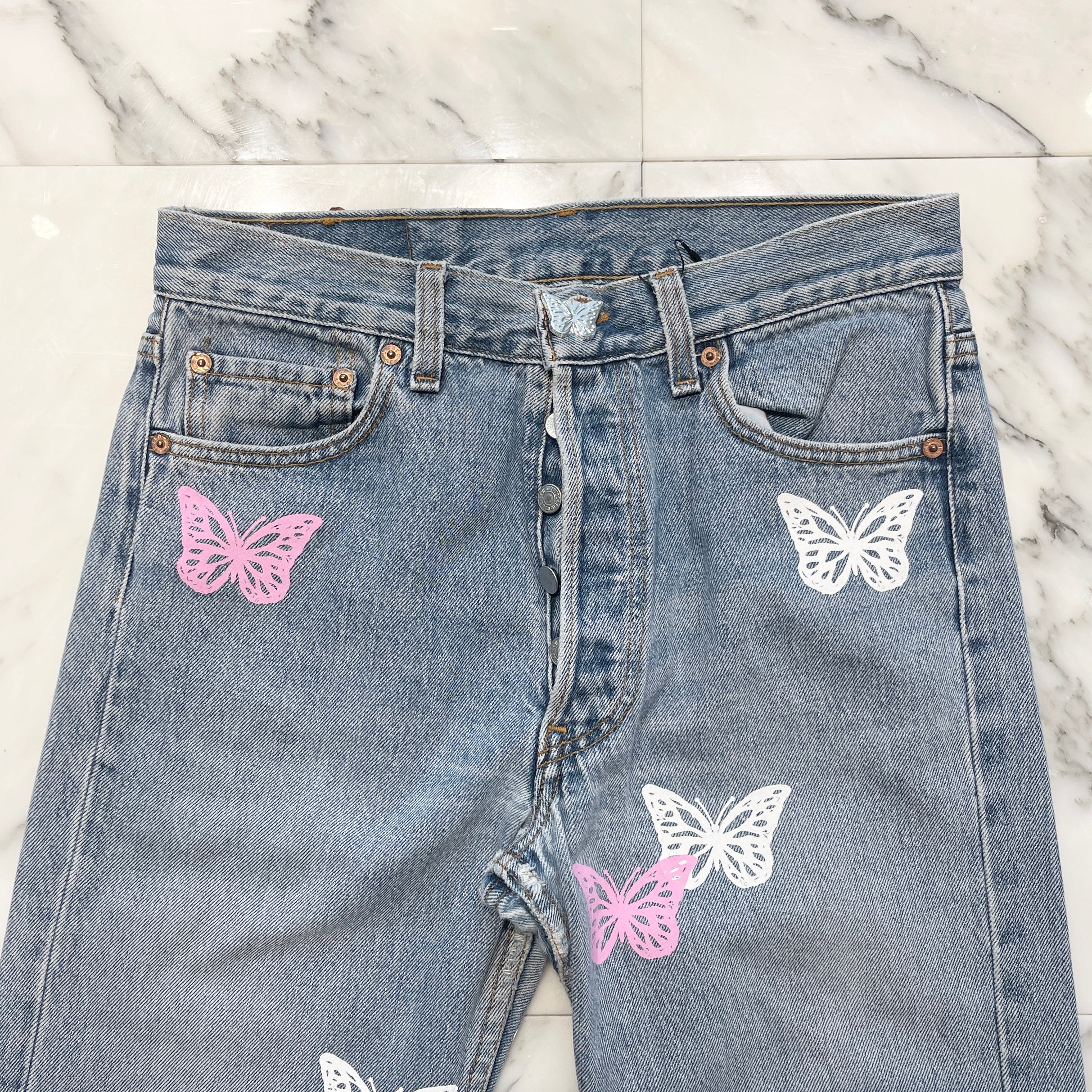 ABOUT DREAMS Butterfly Jeans Size W31 L32 アバウトドリームズ バタフライジーンズ インディゴ×ホワイト×ピンク サイズW31×L32