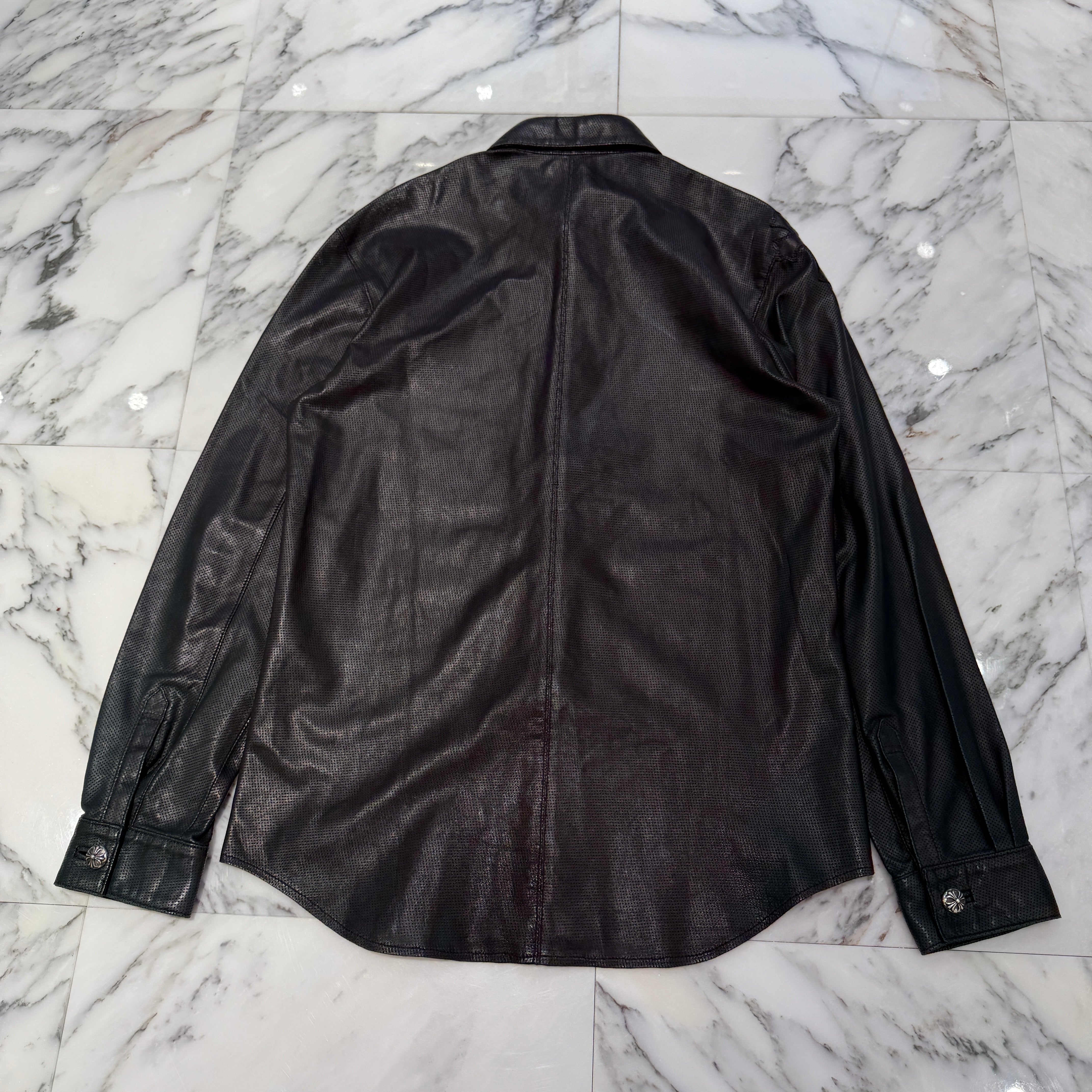 CHROME HEARTS Leather Cross Patch Cross Ball Button Leather Shirt Size M クロムハーツ レザークロスパッチ クロスボールボタン レザーシャツ サイズM