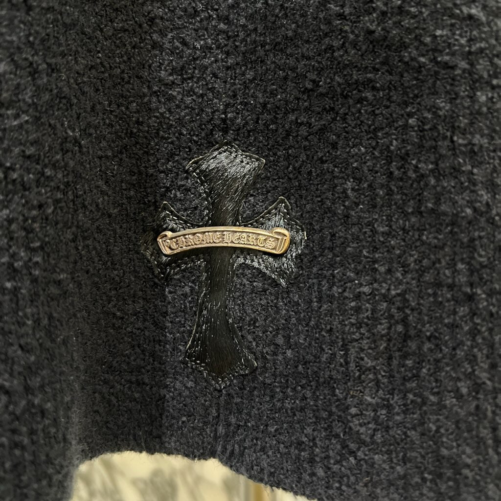 CHROME HEARTS Y NOT Leopard Harako Leather Cross Patch Knit Cardigan Coat Size SML/MED (175/96B) クロムハーツ ワイノット レオパード ハラコ レザークロスパッチ ニット カーディガン コート サイズSML/MED (175/96B)