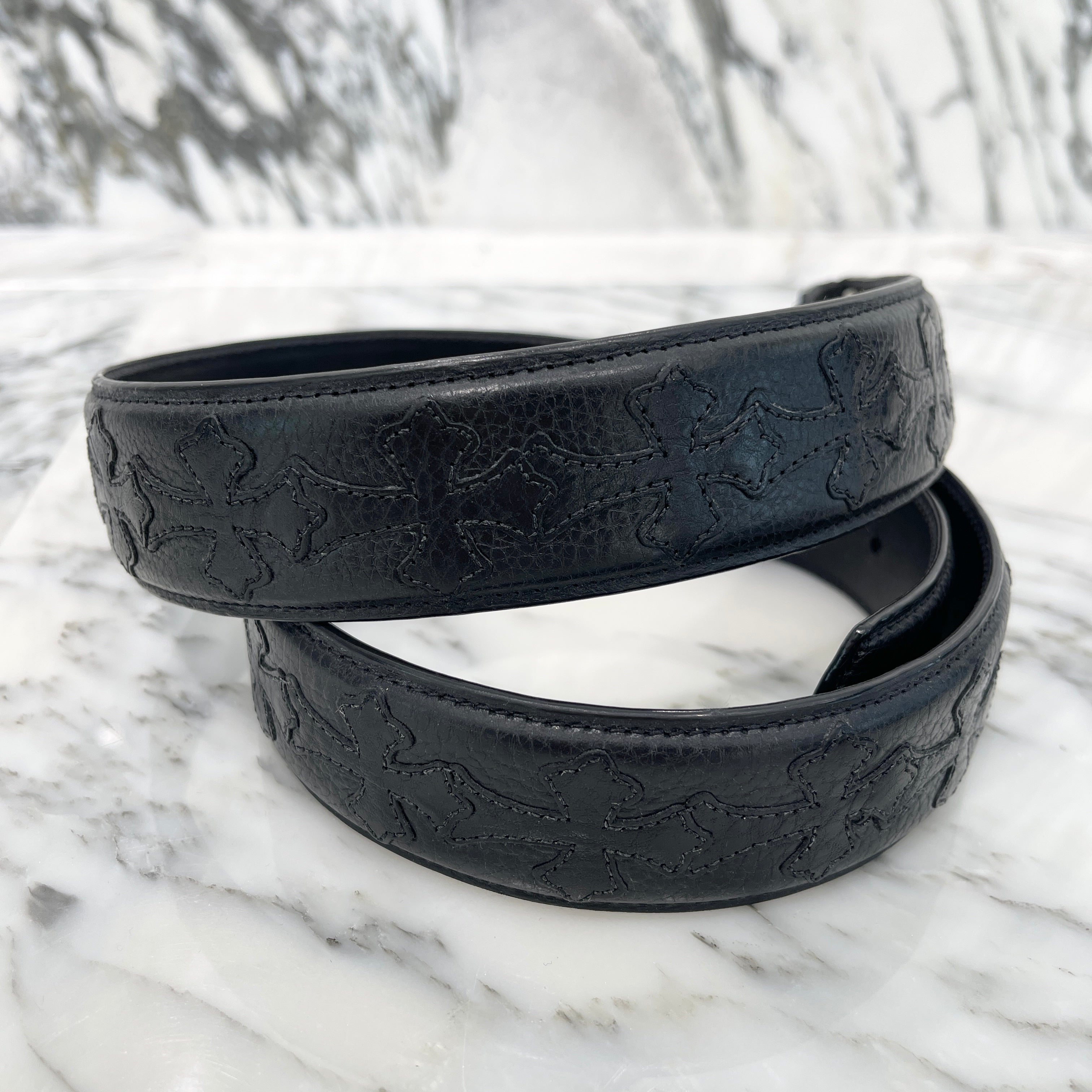 CHROME HEARTS 1.5 STRAP Cemetery Cross Leather Patch Belt Size 36 クロムハーツ 1.5ストラップ セメタリークロス レザーパッチ ベルト サイズ36