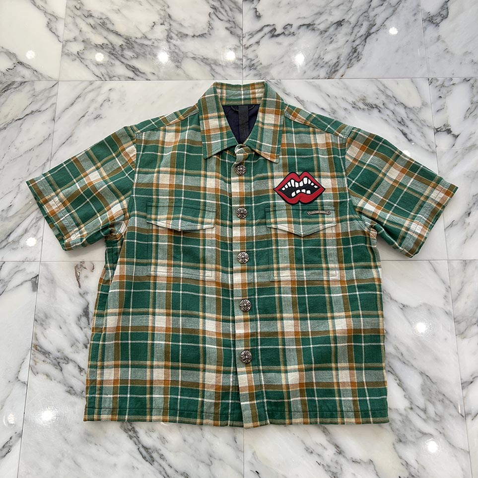 CHROME HEARTS × MATTY BOY Chomper Leather Patch Flannel Check Short Sleeve Shirt Size M クロムハーツ×マティボーイ チョンパーレザーパッチ フランネルチェック ショートスリーブシャツ サイズM