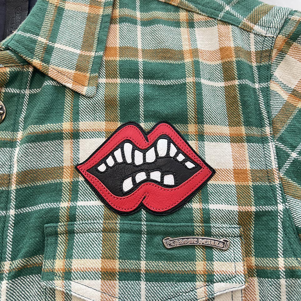 CHROME HEARTS × MATTY BOY Chomper Leather Patch Flannel Check Short Sleeve Shirt Size M クロムハーツ×マティボーイ チョンパーレザーパッチ フランネルチェック ショートスリーブシャツ サイズM