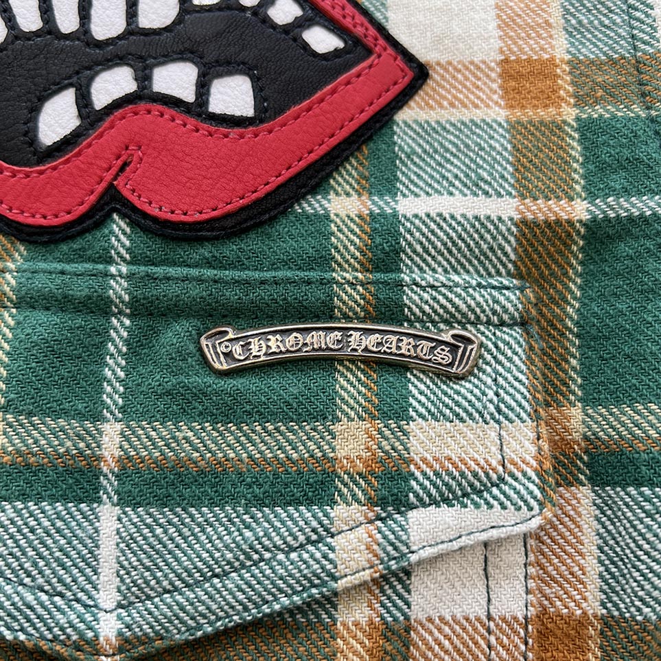 CHROME HEARTS × MATTY BOY Chomper Leather Patch Flannel Check Short Sleeve Shirt Size M クロムハーツ×マティボーイ チョンパーレザーパッチ フランネルチェック ショートスリーブシャツ サイズM