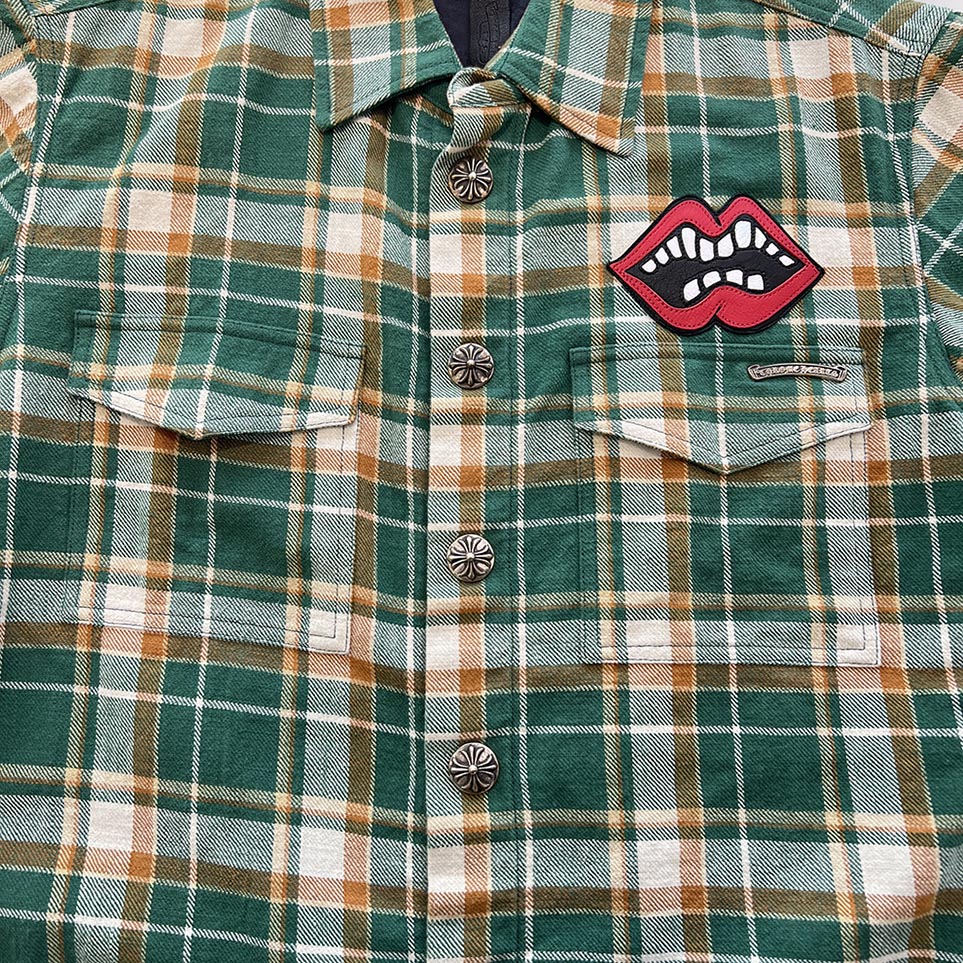 CHROME HEARTS × MATTY BOY Chomper Leather Patch Flannel Check Short Sleeve Shirt Size M クロムハーツ×マティボーイ チョンパーレザーパッチ フランネルチェック ショートスリーブシャツ サイズM