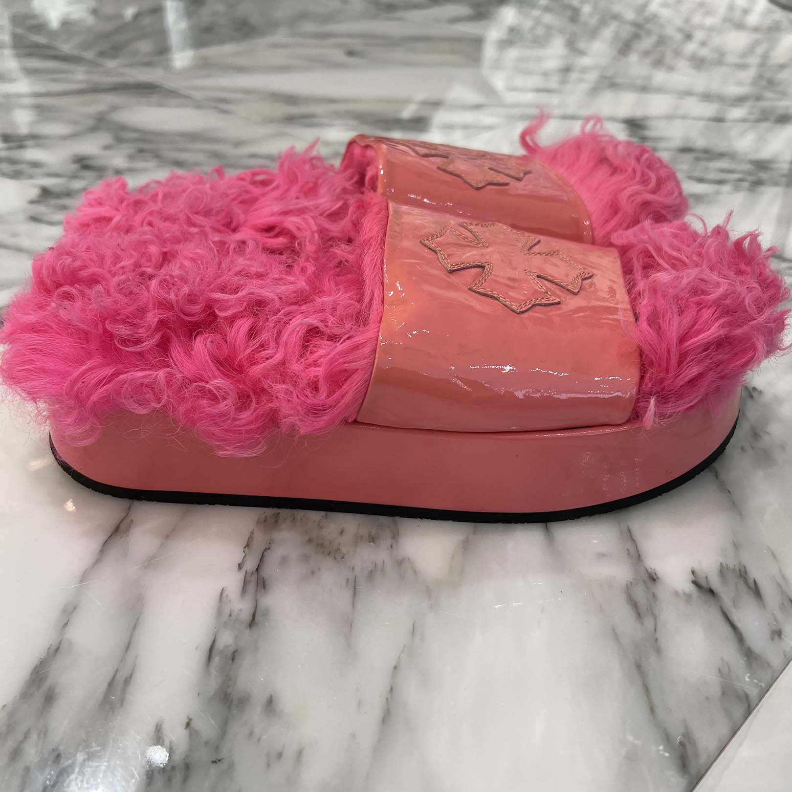 CHROME HEARTS ONLINE Limited Patent Leather Cross Patch Fur Sandals Size 40 クロムハーツ オンライン限定 パテントレザークロスパッチ ファーサンダル サイズ40